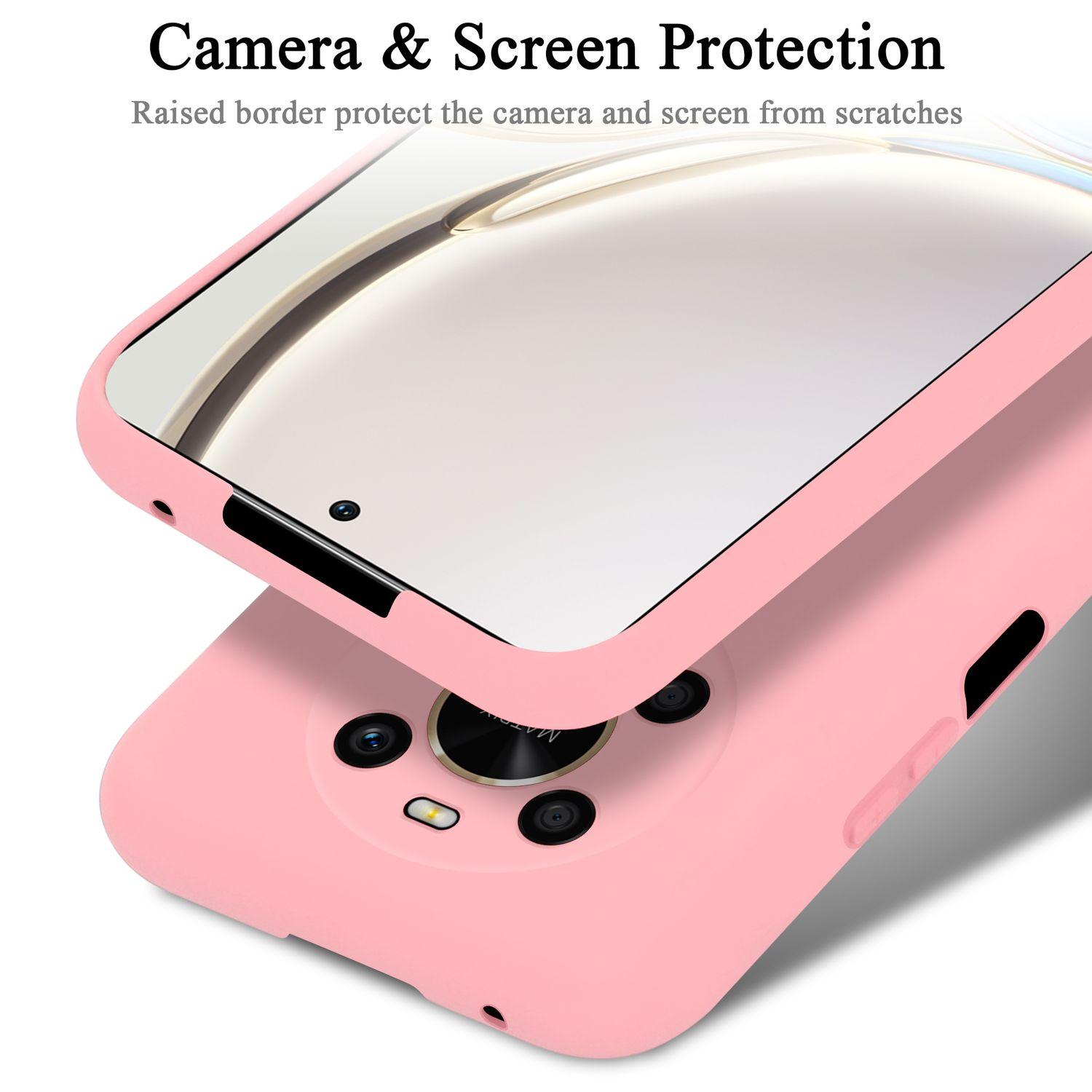 Custodia rosa per telefono che protegge schermo e fotocamera. La custodia è aperta.