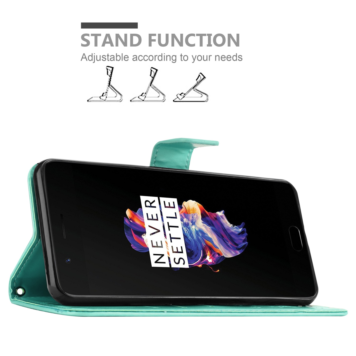 Telefono con custodia verde acqua, schermo mostra arte astratta colorata, testo bianco. Icone funzione supporto.