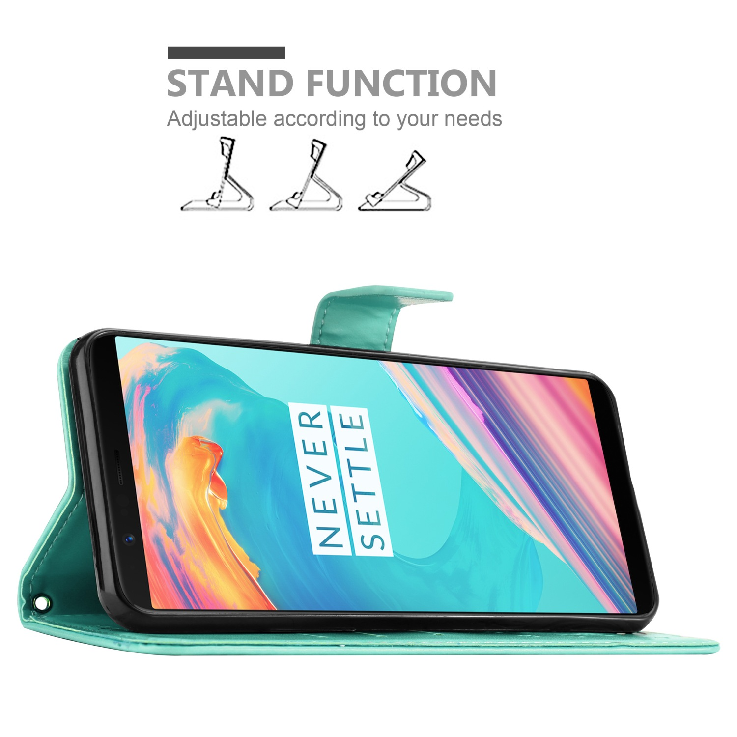 Una custodia per telefono verde acqua tiene un telefono che mostra 'NEVER SETTLE'. Il testo 'STAND FUNCTION' e i diagrammi sono sopra.