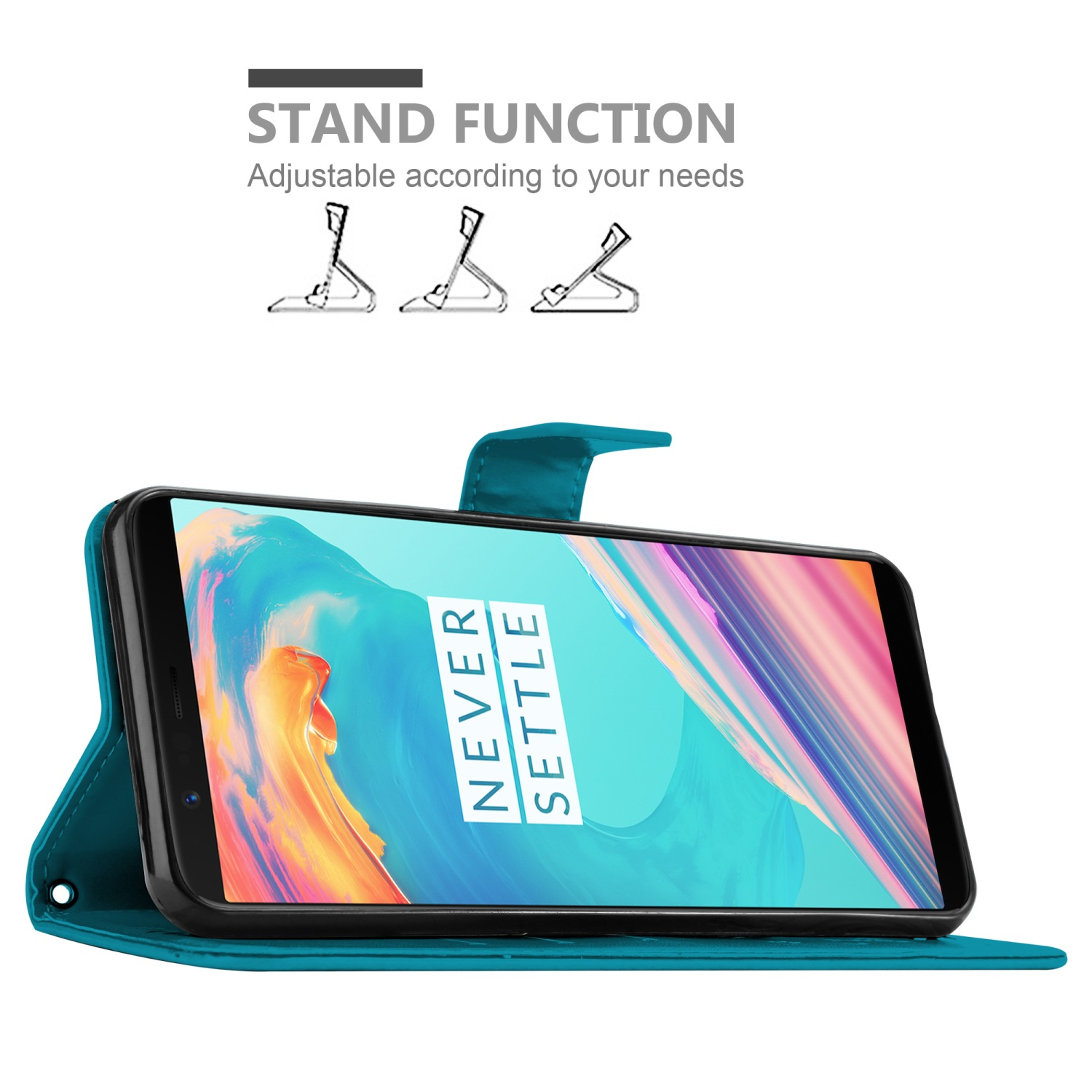 Un telefono con custodia verde acqua, sostenuto con funzione stand, testo 'NEVER SETTLE'.