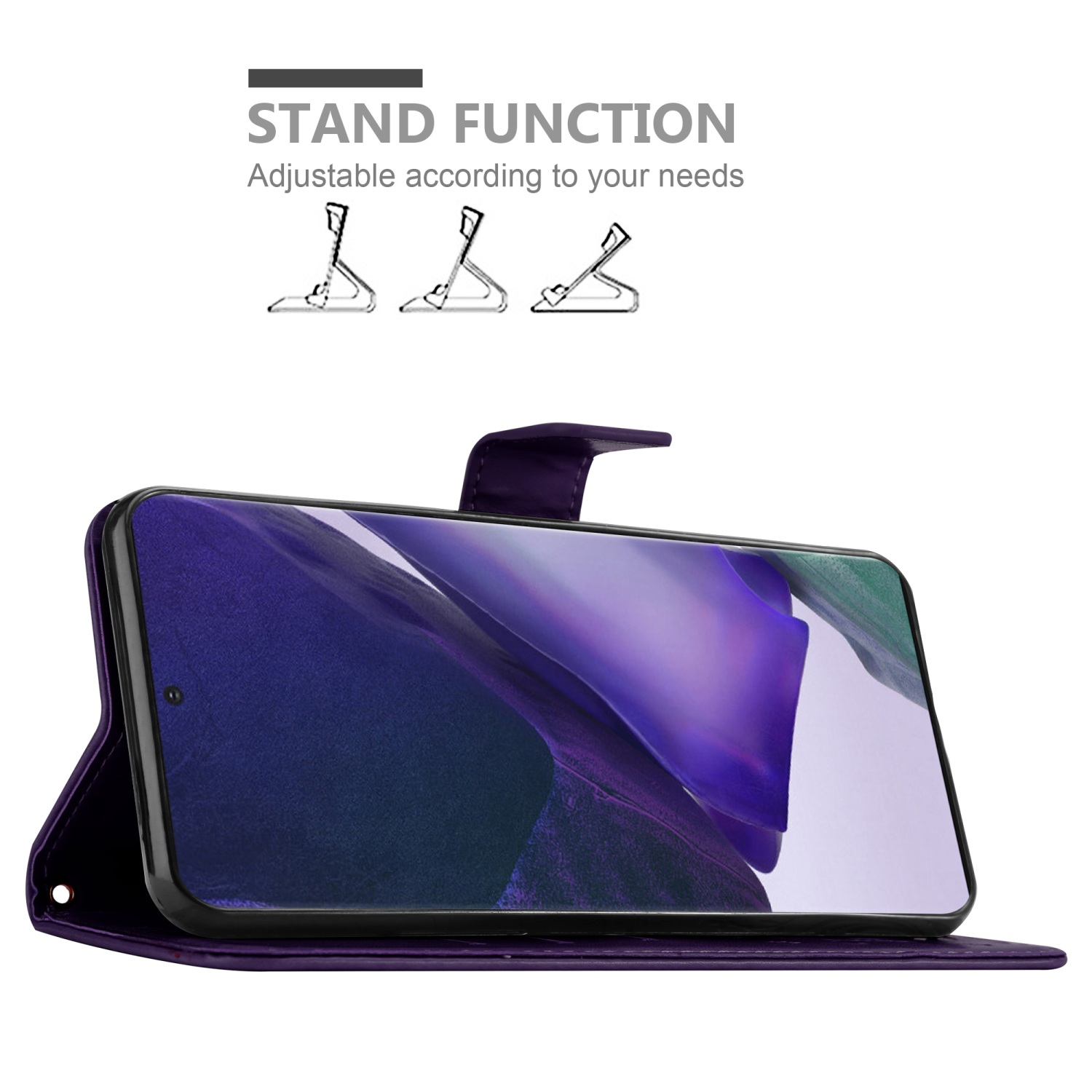 Custodia viola per telefono, telefono all'interno. Testo: Funzione supporto. Supporto regolabile. Posizioni visibili.