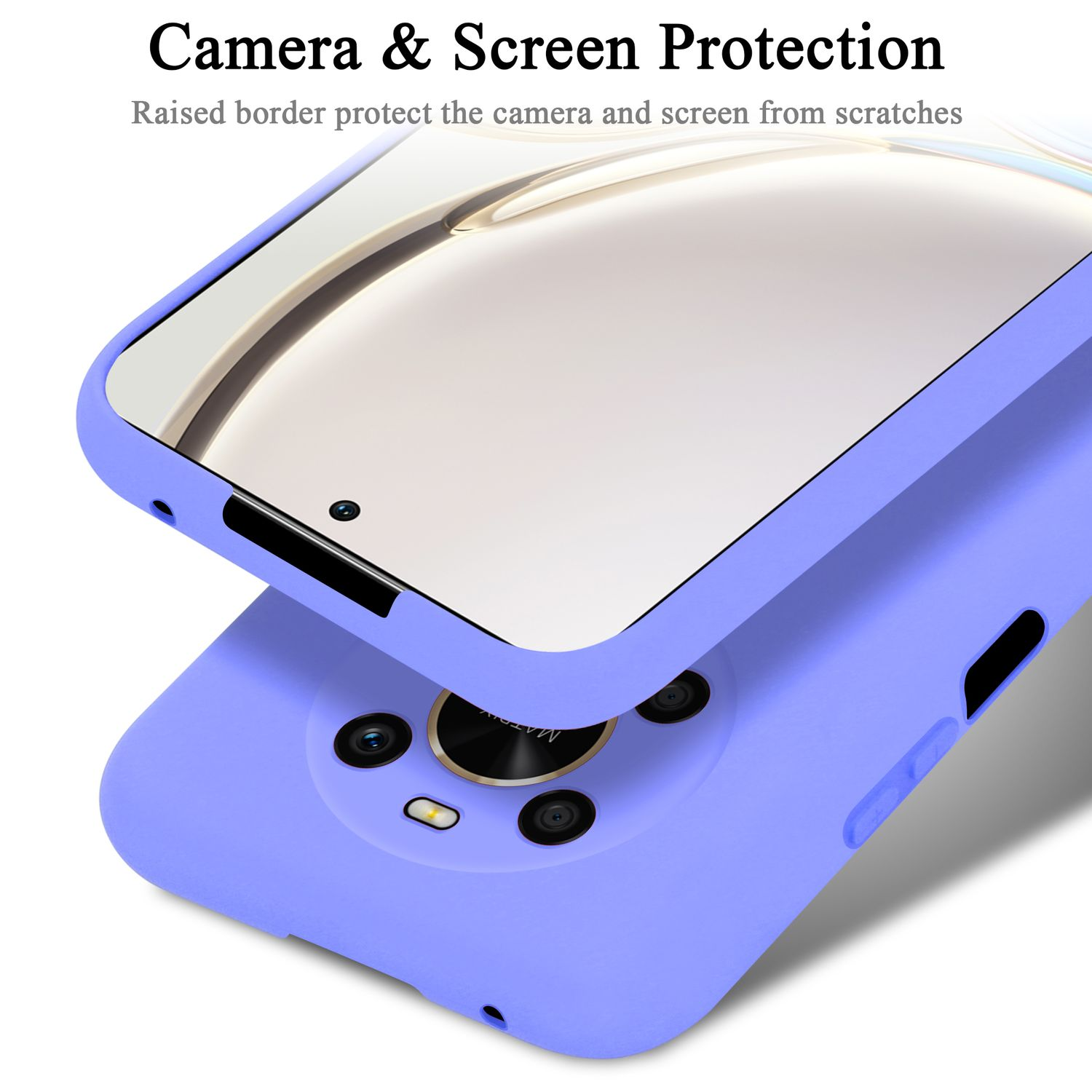 Custodia del telefono, colore lilla, obiettivo della fotocamera coperto, con testo: Protezione fotocamera e schermo.