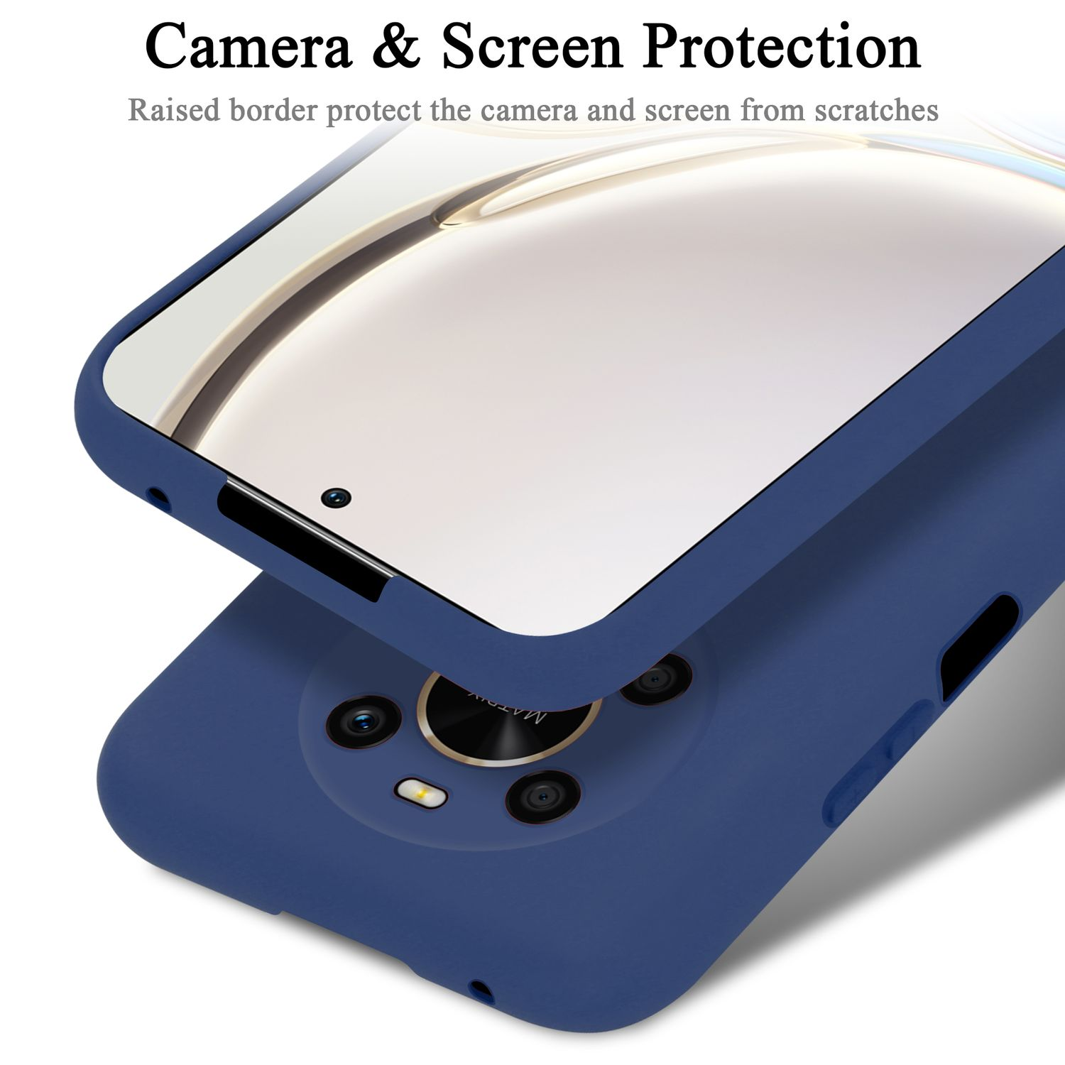 Una custodia blu per telefono con protezione schermo. La protezione è trasparente, la custodia è blu.