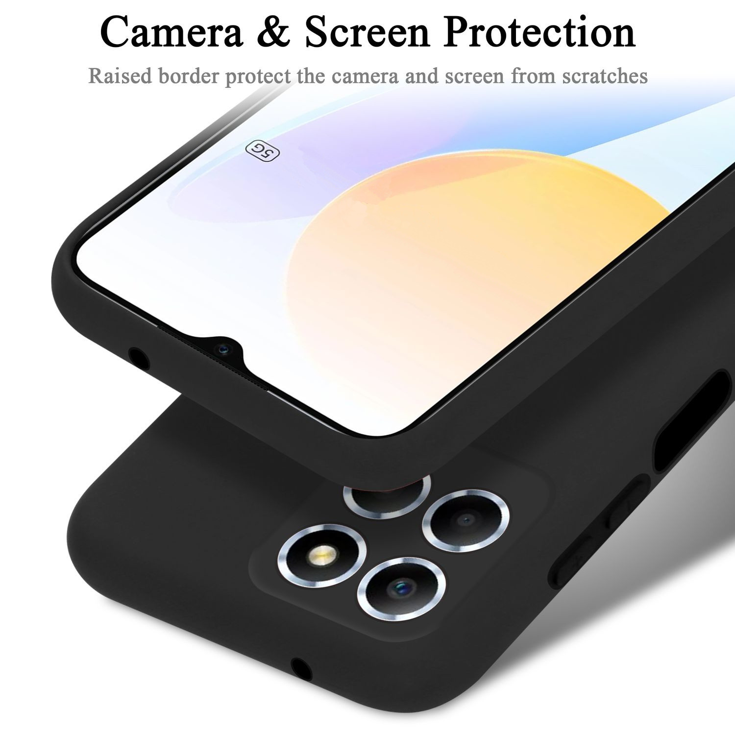 Eine schwarze Handyhülle mit offenem Bildschirm, die ein Handy mit gelbem Hintergrund zeigt.