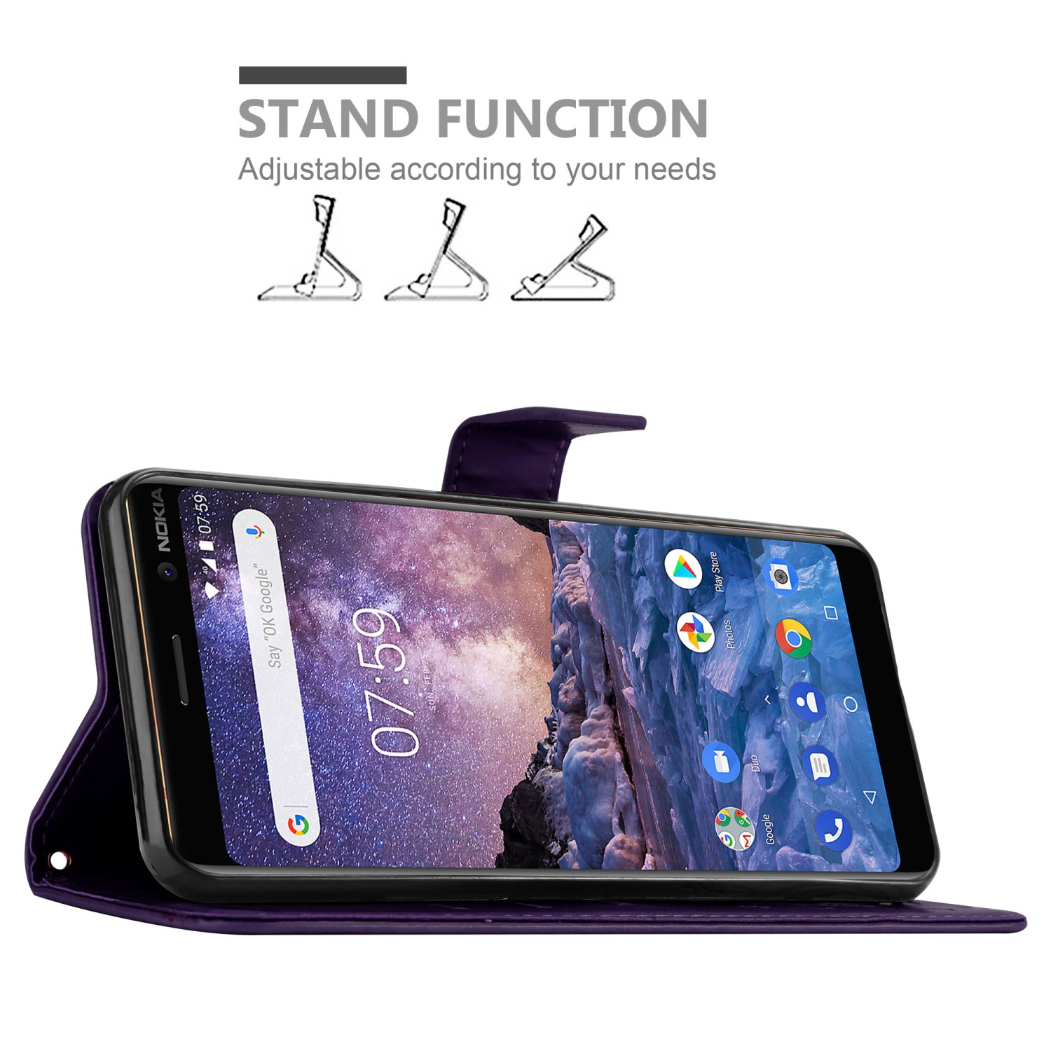 Custodia per telefono viola con telefono dentro, funzione stand e logo Nokia.
