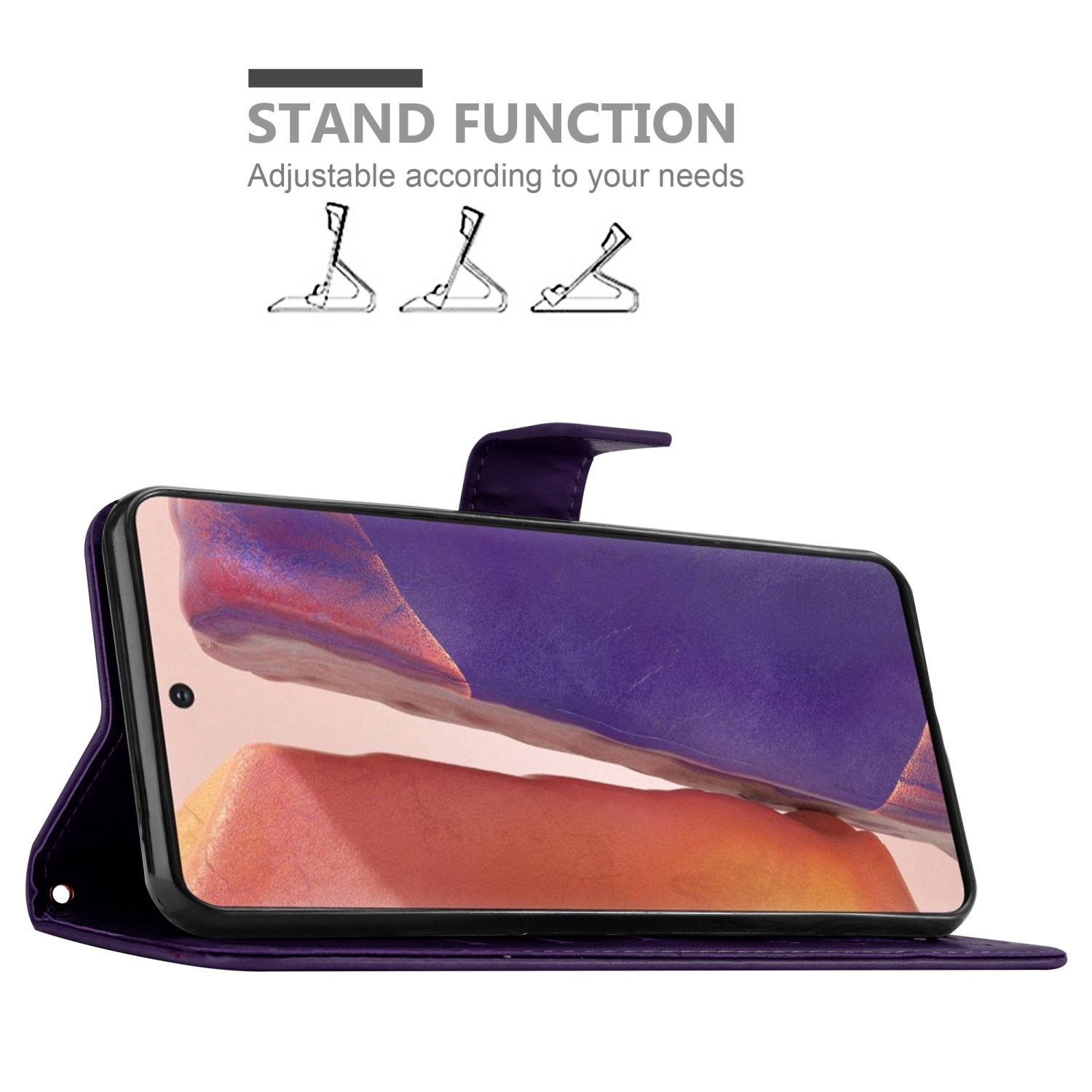 Custodia per telefono con interno viola, schermo visibile e opzioni di supporto illustrate.