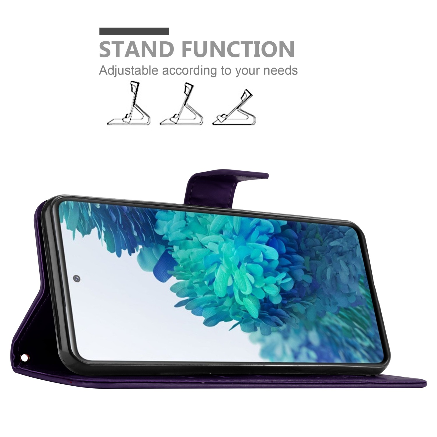 Eine lila Handyhülle mit Telefon im Inneren und Ständerfunktionen. Das Telefon zeigt ein grünes Bild.
