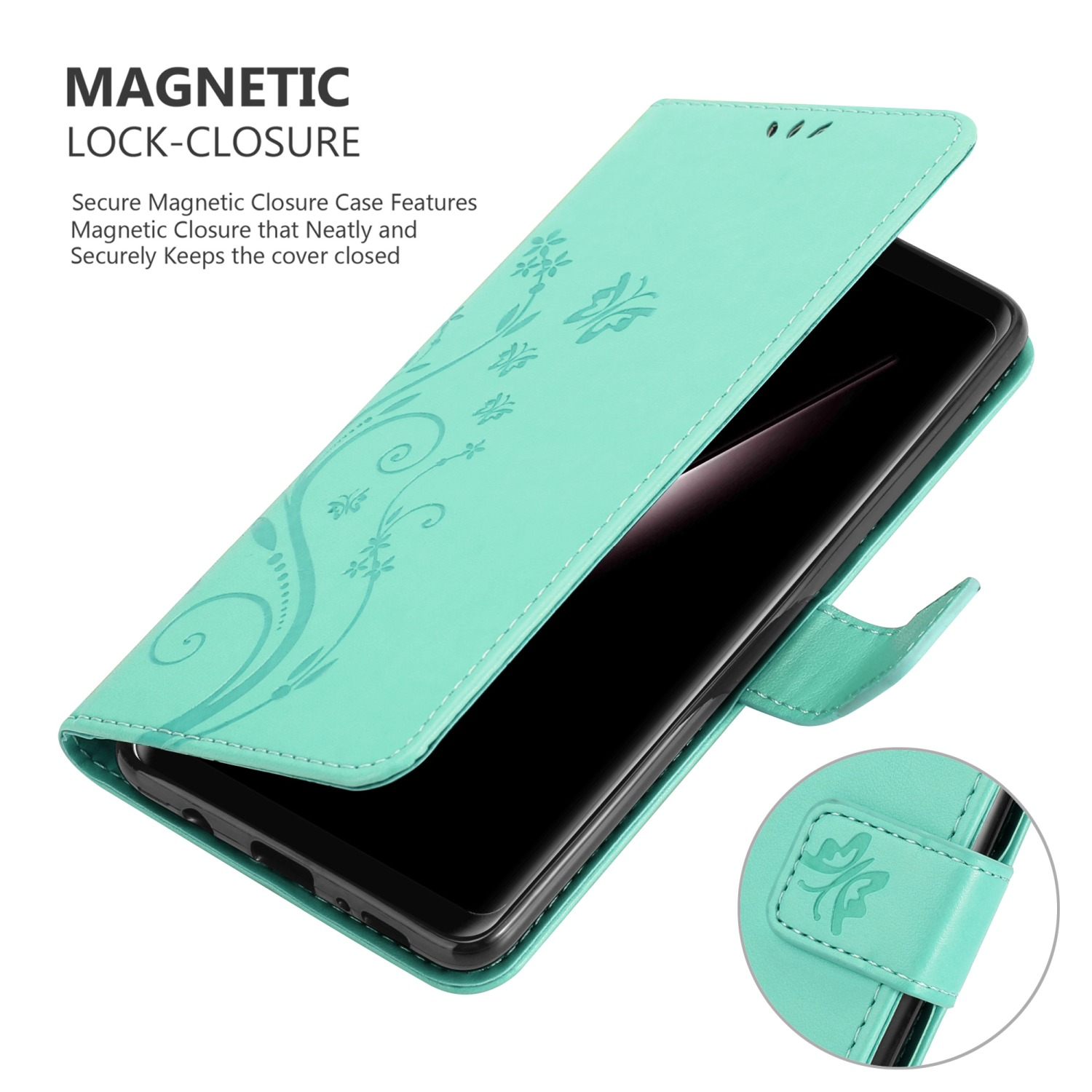Minzgrüne Handyhülle mit Blumendesign, geöffnet, um das Telefon im Inneren zu zeigen.