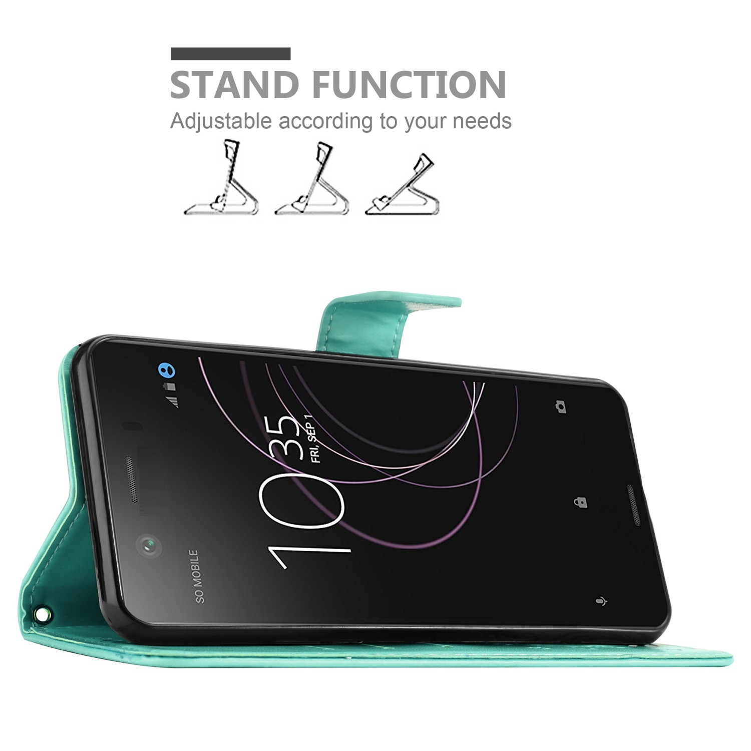 Una custodia per telefono color verde acqua con un telefono che mostra un orologio digitale. Il testo "Stand Function" è sopra.