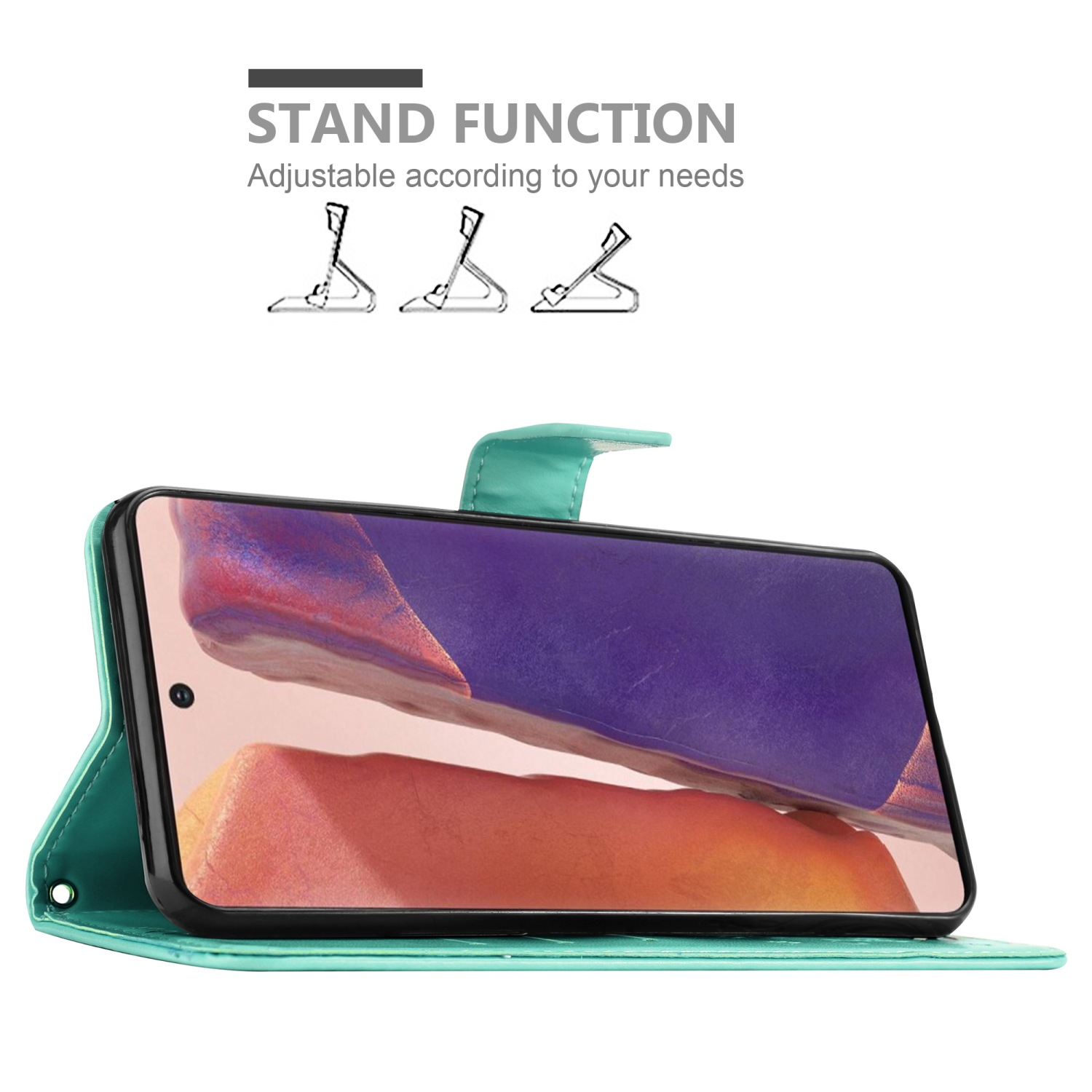 Una custodia per telefono turchese con un telefono. Il telefono mostra un orologio e viene mostrata la funzione stand.