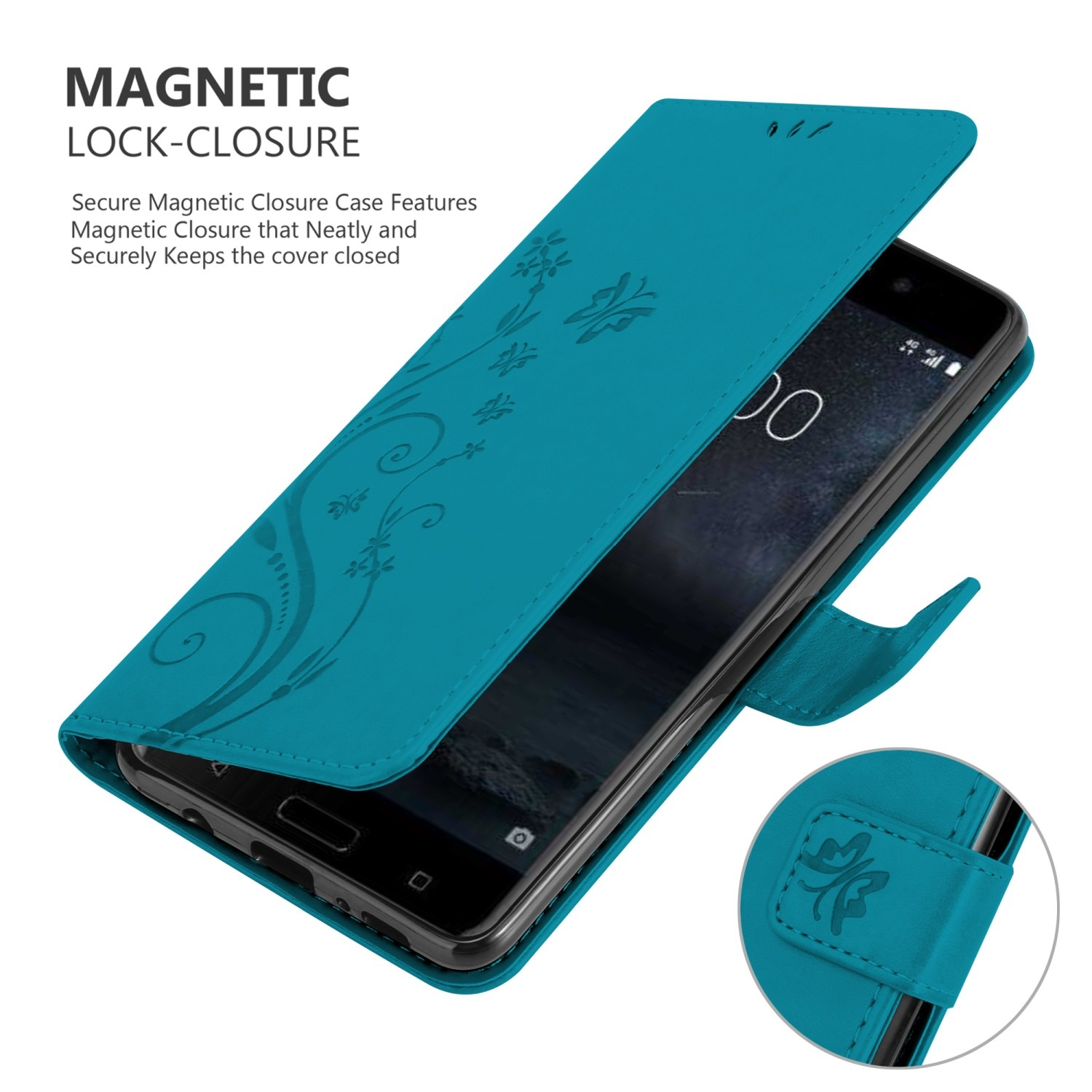 Custodia per telefono turchese con design floreale aperta per mostrare il telefono. La custodia ha una chiusura magnetica.