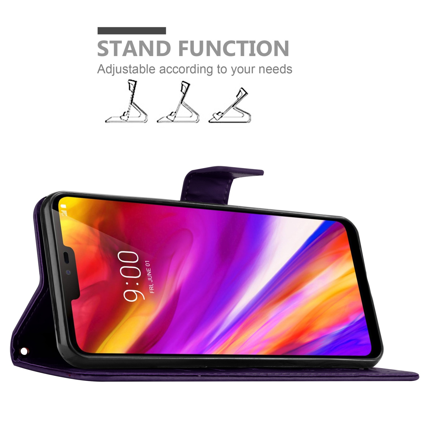 Lila Handyhülle mit Handy. Stützfunktion verfügbar. Der Bildschirm zeigt einen bunten Hintergrund.