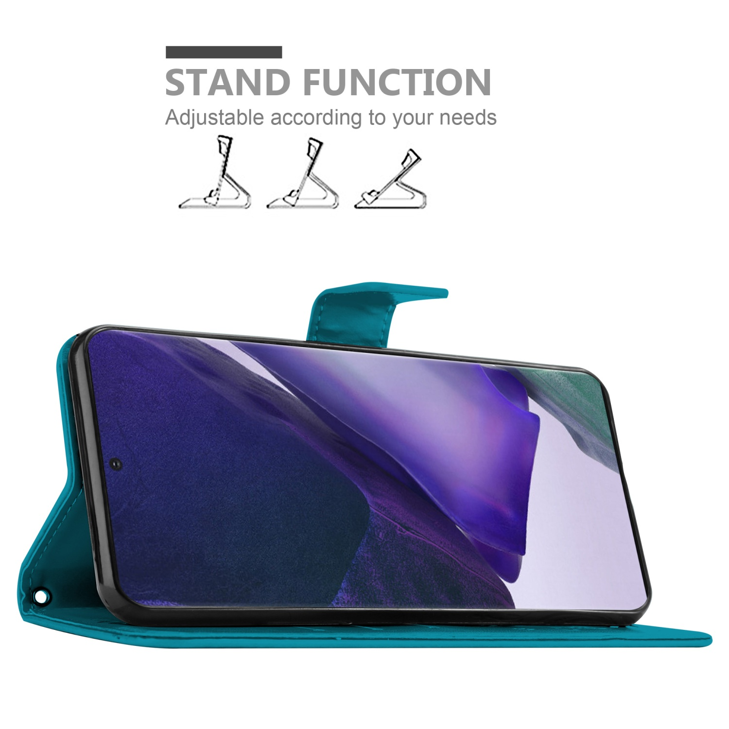 Una custodia per telefono verde acqua con un telefono che mostra uno schermo con una funzione di supporto.