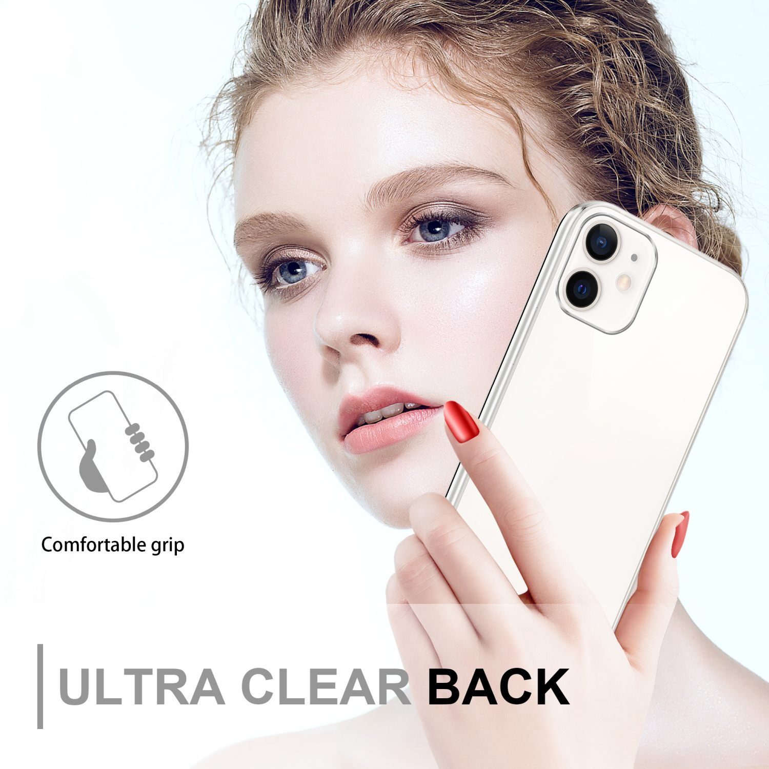Una donna che tiene una custodia trasparente per telefono. Il testo recita 'ULTRA CLEAR BACK' e 'Comfortable grip'.