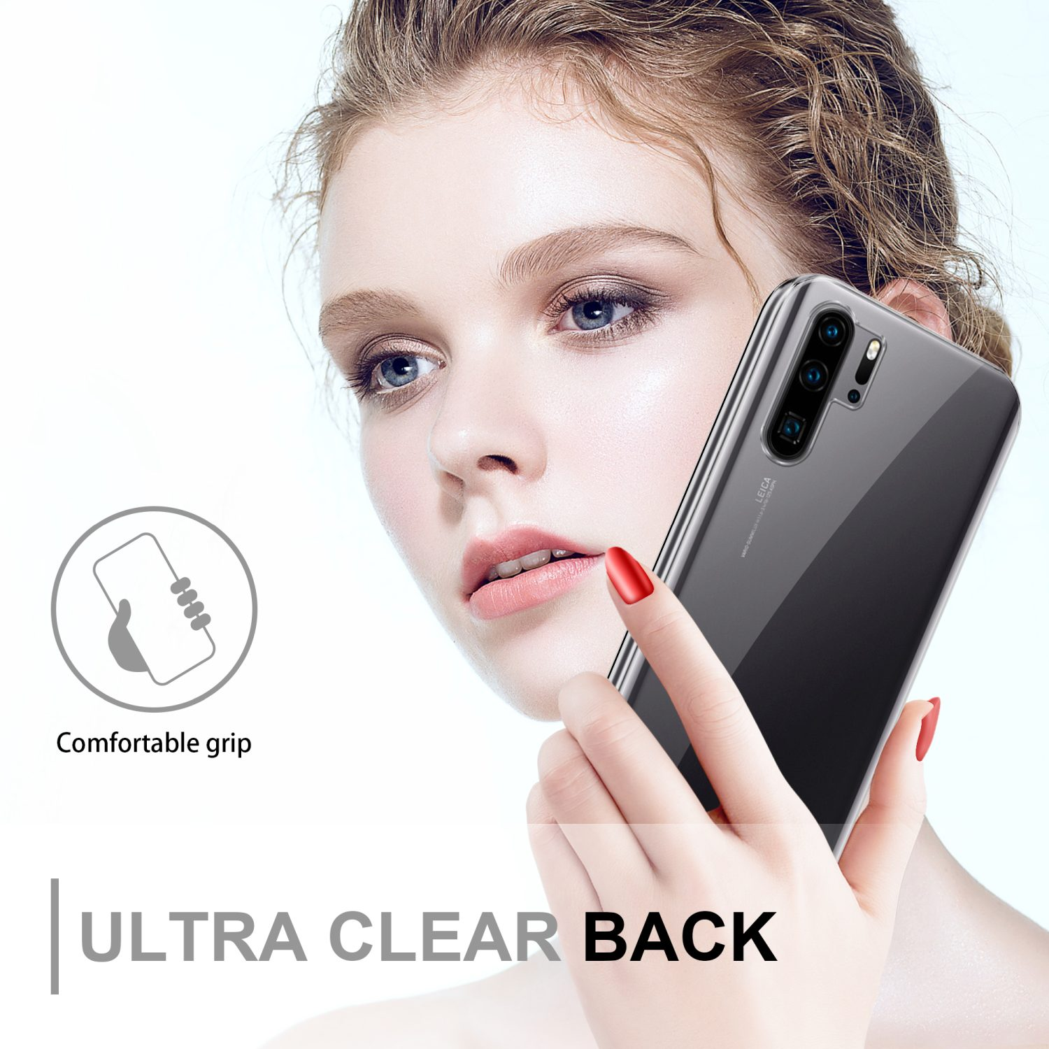 Frau hält ein Telefon in einer transparenten Hülle. Text: 'ULTRA CLEAR BACK', 'Bequemer Griff'. Transparente Hülle.