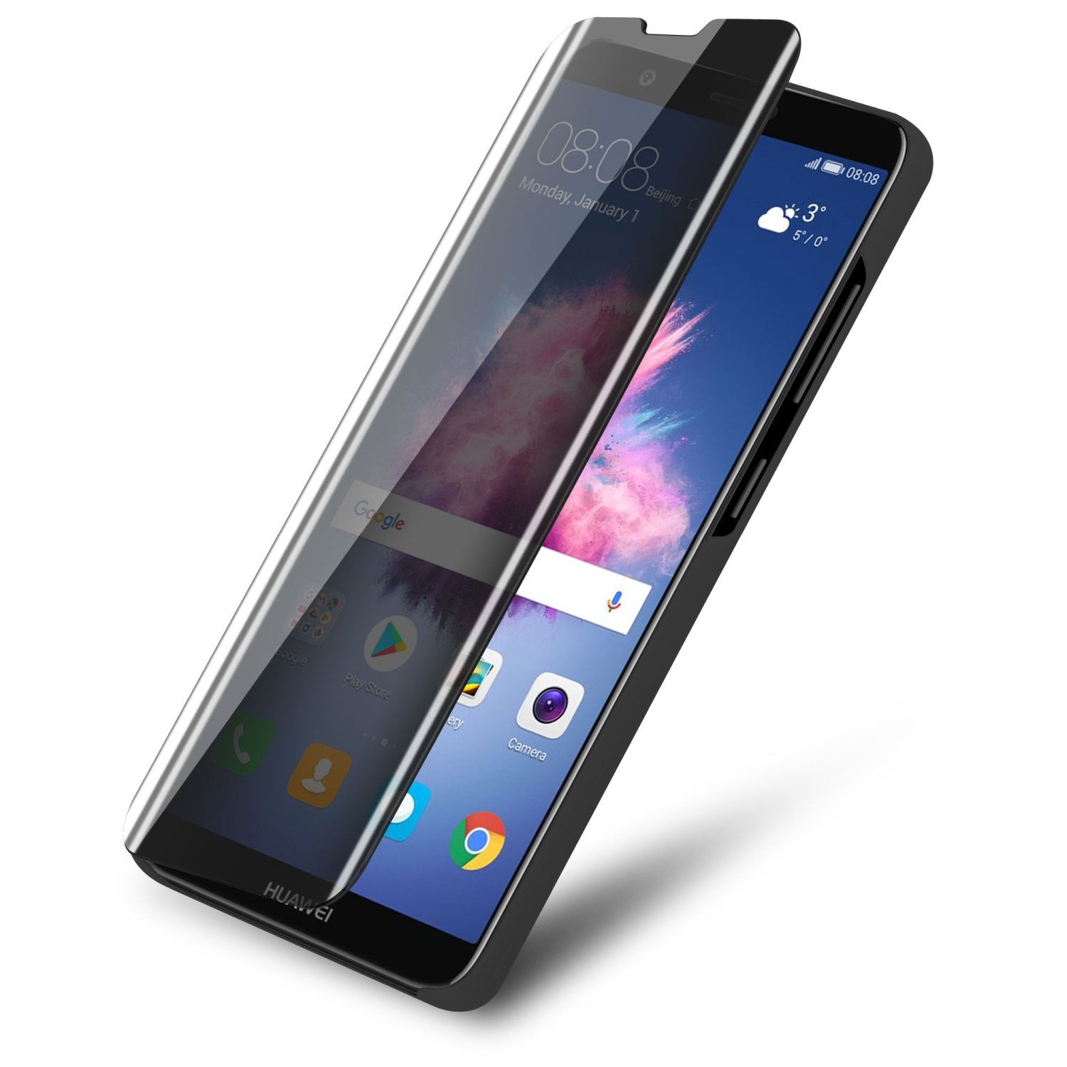 Telefon mit Displayschutz. Der Bildschirm zeigt Uhrzeit, Datum und Symbole.