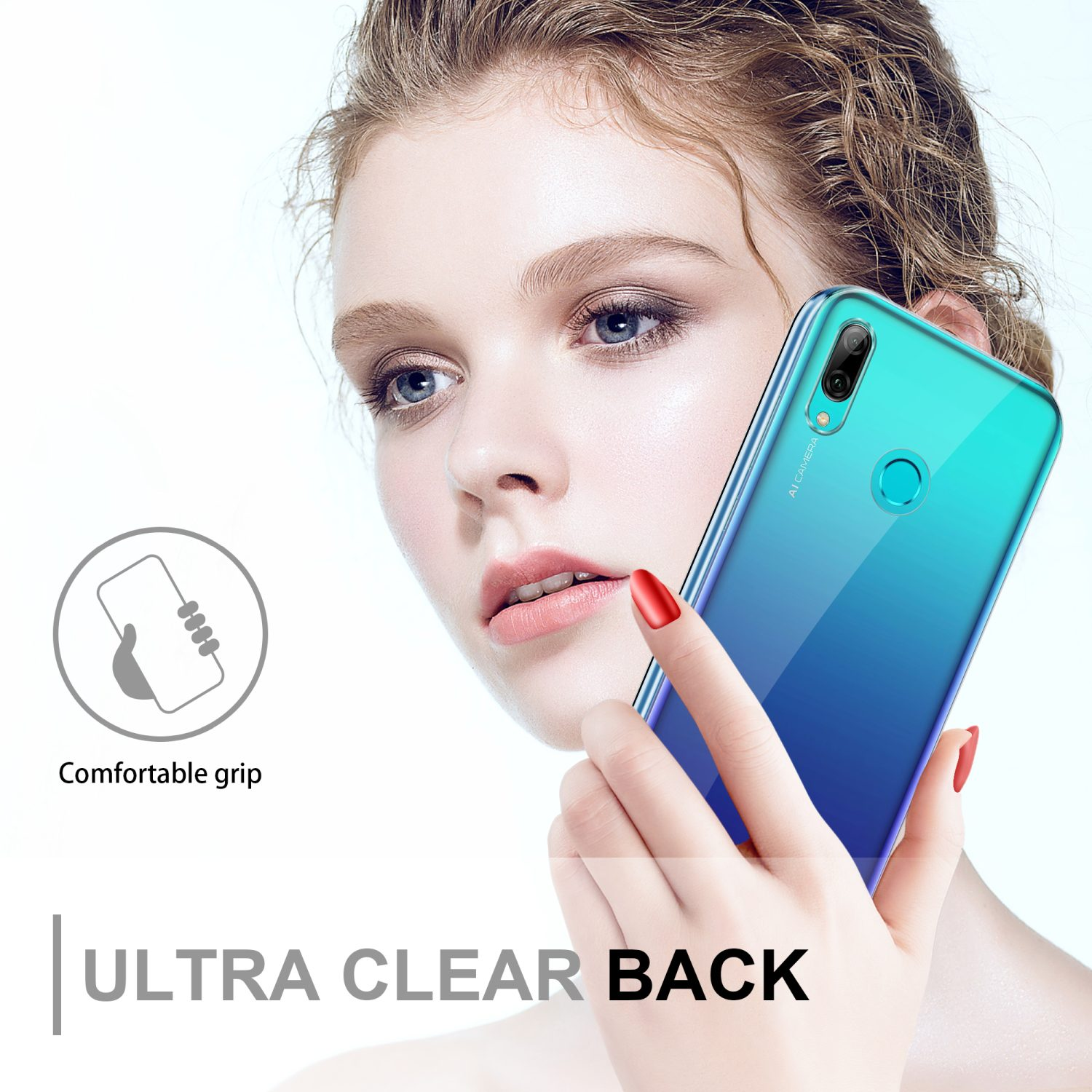 Donna che tiene un telefono con custodia. Ultra chiaro dietro scritto sull'immagine. Presa comoda.