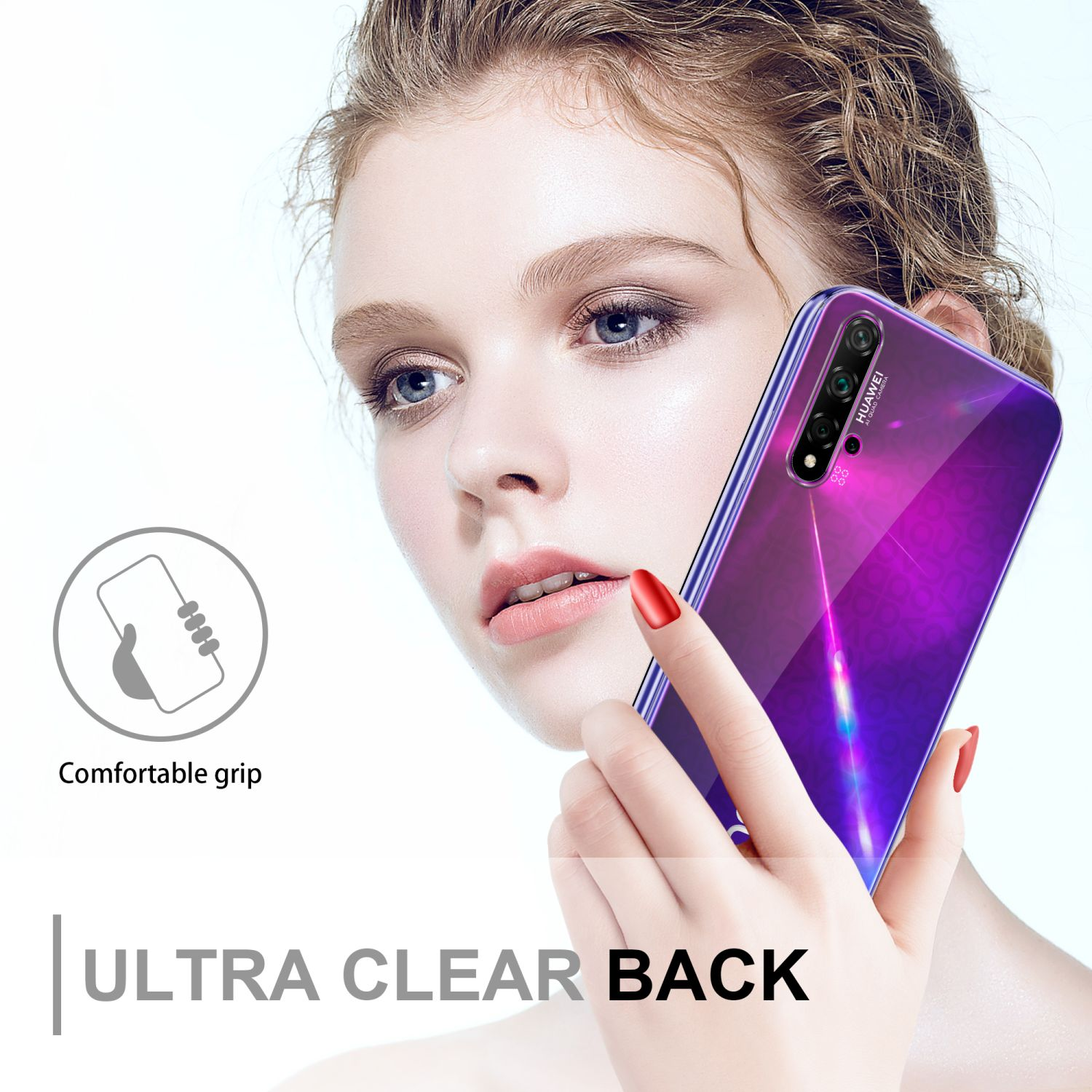 Eine Frau hält ein lila Telefon mit durchsichtigem Rücken. Text sagt 'ULTRA CLEAR BACK'. Der Hintergrund ist weiß.