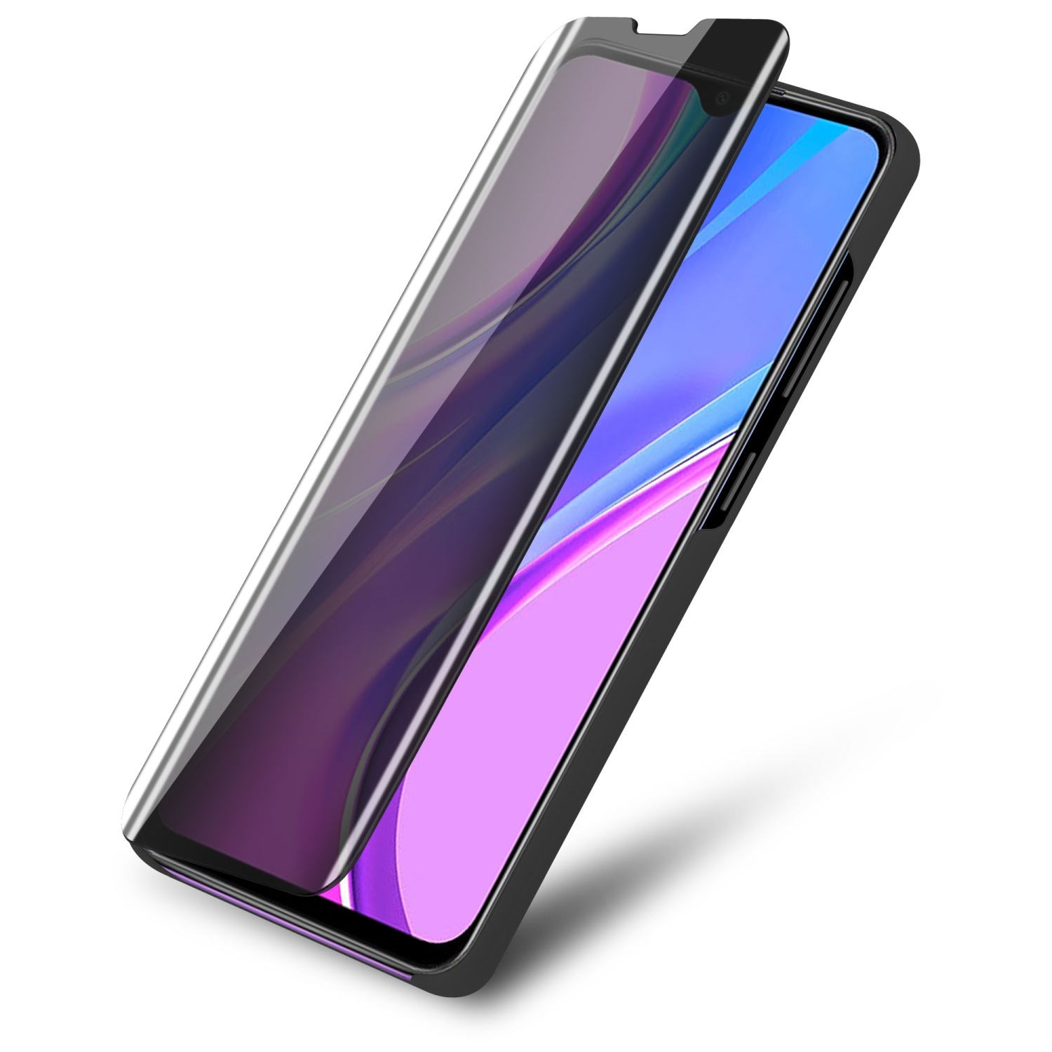 Telefono con protezione schermo applicata. La protezione è parzialmente sollevata.