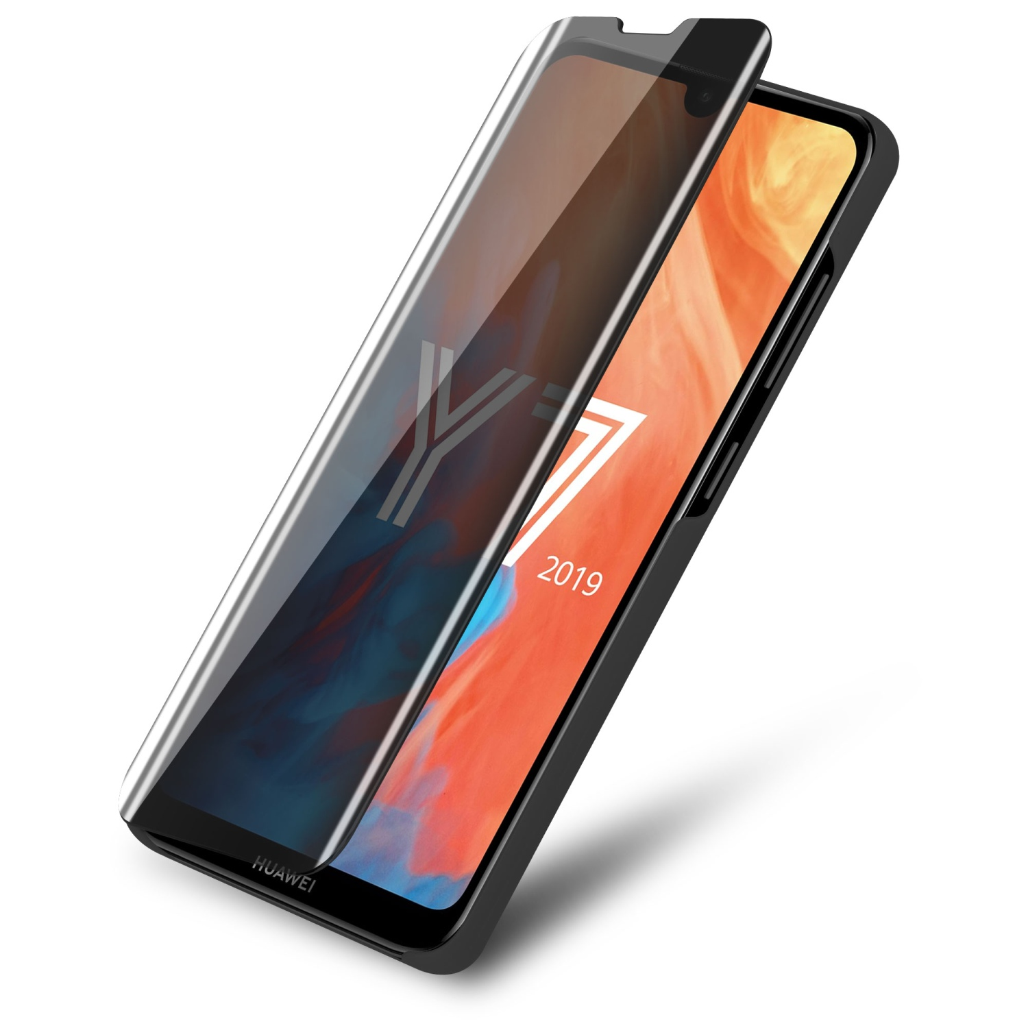 Ein Telefon mit Displayschutzfolie, mit schwarzem Rahmen und orange-blauem Hintergrund.