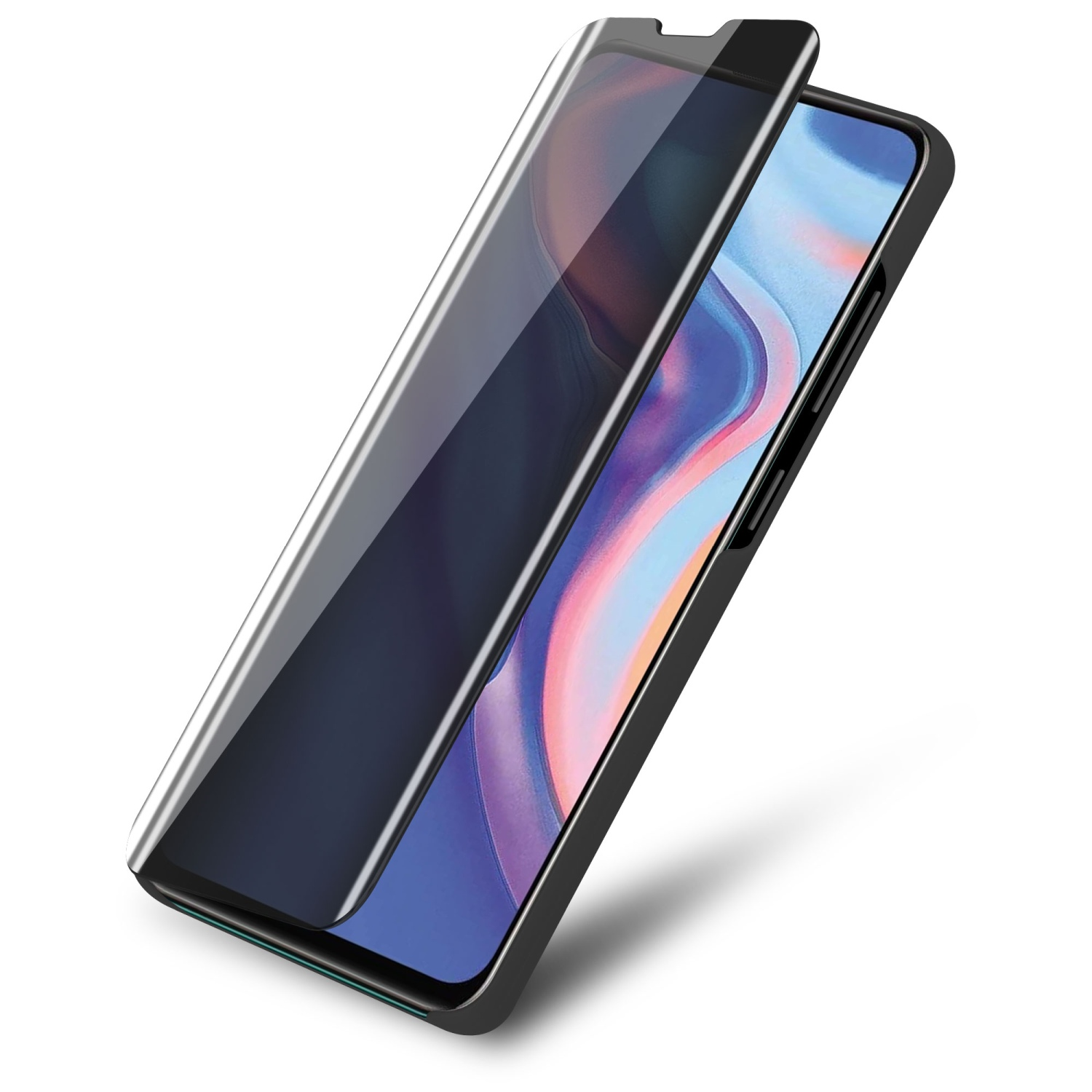 Ein Telefonbildschirm mit angebrachter Displayschutzfolie, schräg auf weißer Oberfläche.