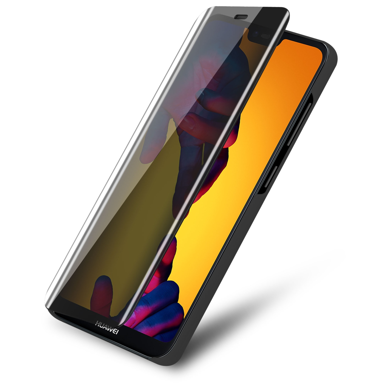 Ein schwarzes Telefon mit einer Displayschutzfolie, das eine orange und gelbe Anzeige zeigt.