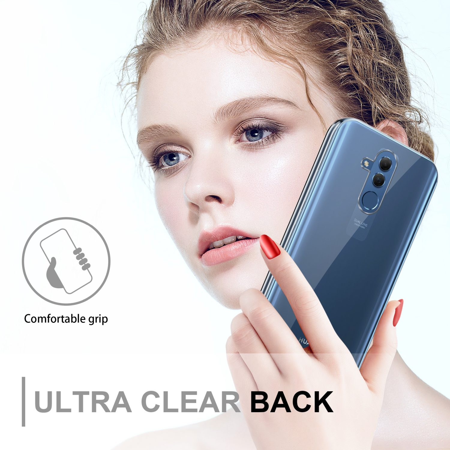 Donna che tiene in mano uno smartphone con retro in vetro, il testo recita 'Ultra Clear Back'.