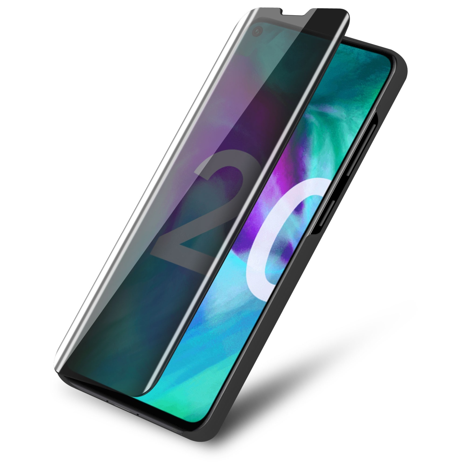Un telefono con una protezione schermo parzialmente aperta. Il telefono è nero e ha uno schermo colorato.