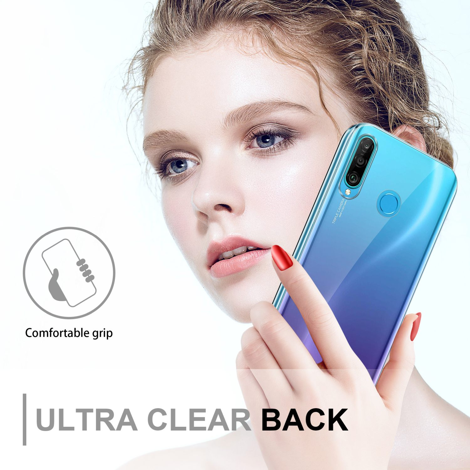 Frau hält ein Telefon mit blauem Farbverlauf. Das Telefon hat eine transparente Hülle.