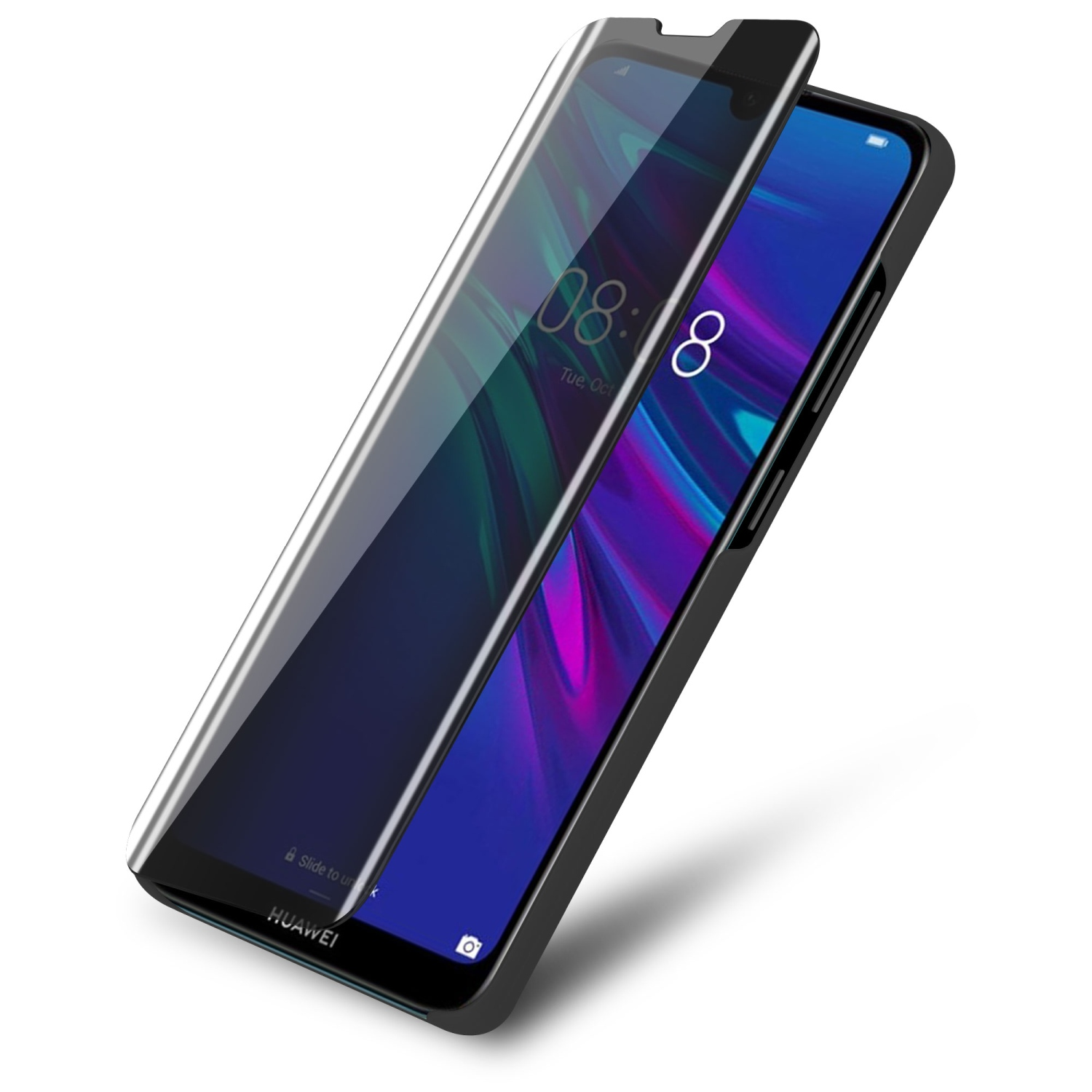 Un téléphone avec un écran de protection. Le téléphone est noir. L'écran affiche l'heure et la date.