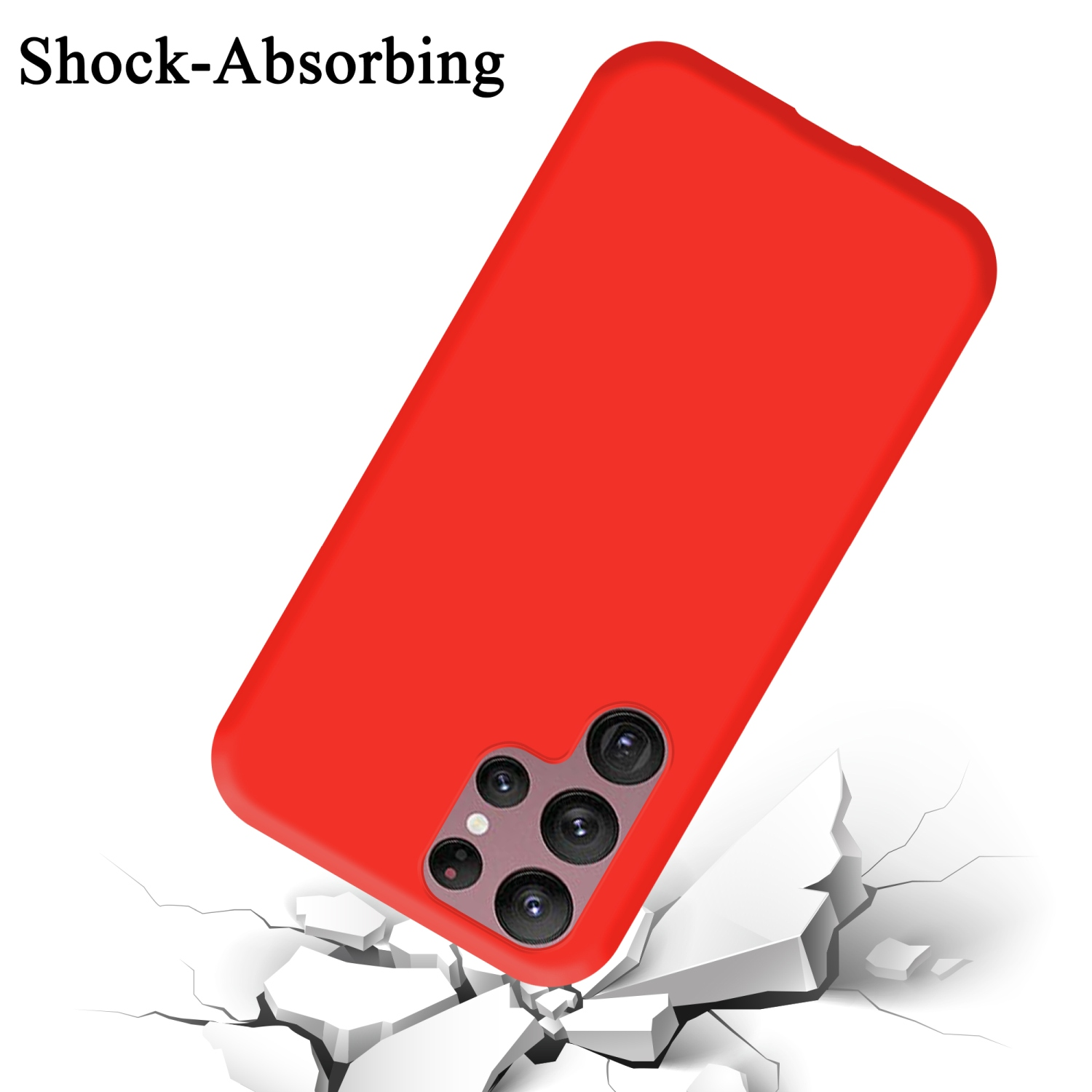 Eine rote Handyhülle fällt, wobei der Boden darunter aufbricht. Darüber steht das Wort Shock-Absorbing.