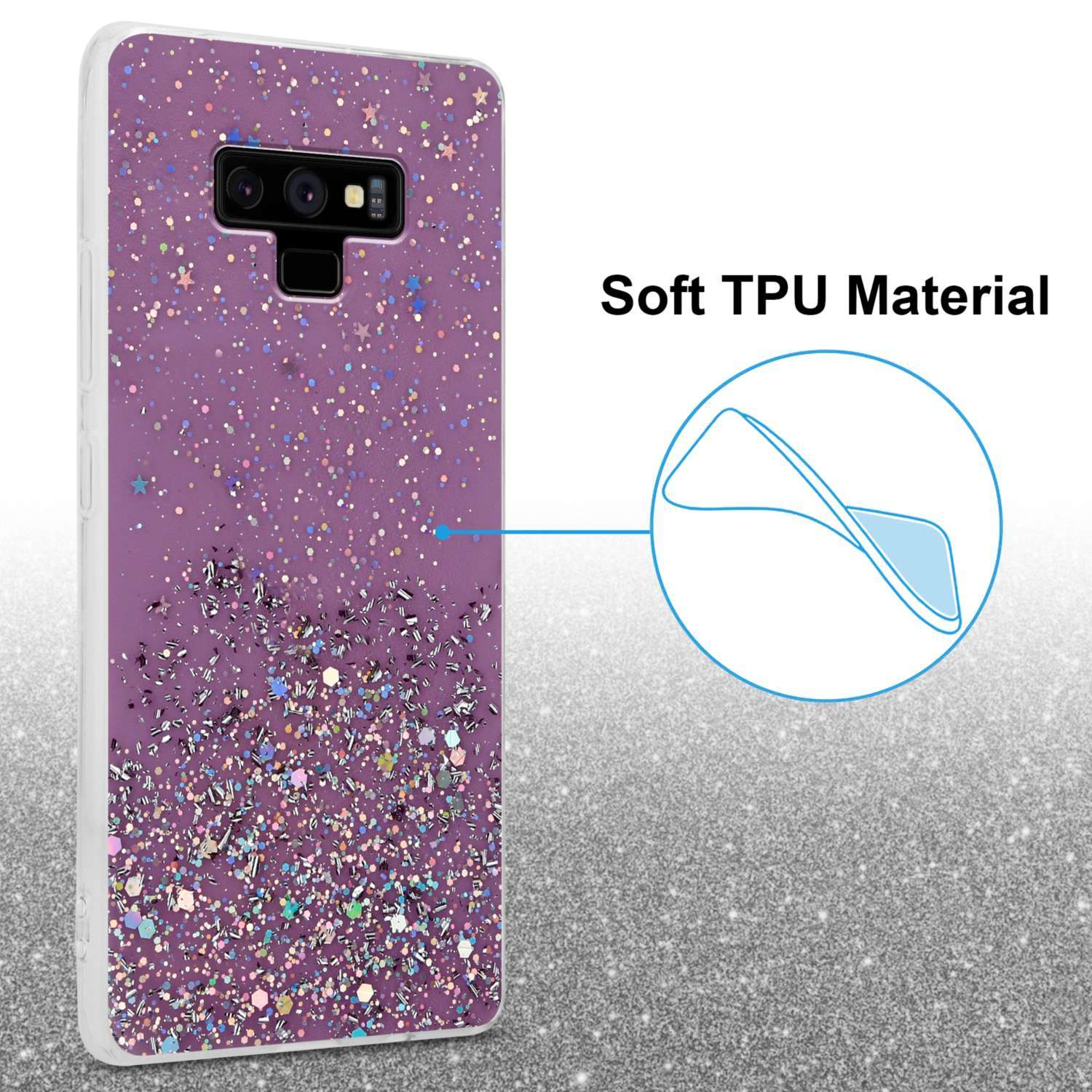 Eine lila Handyhülle mit Glitzer und dem Text Soft TPU Material auf glitzernder Oberfläche.