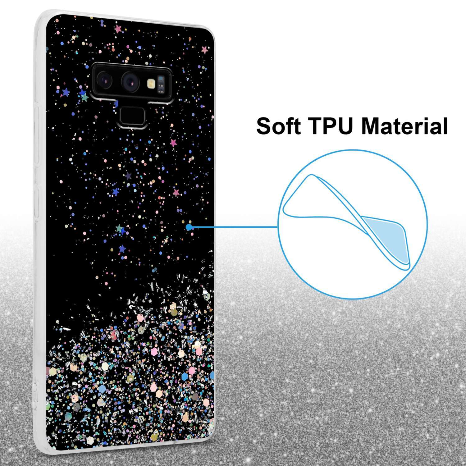 Eine Handyhülle mit schwarzem, glitzerndem Design. Die Hülle hat viele funkelnde, bunte Punkte. Der Text 'Soft TPU Material' ist vorhanden.