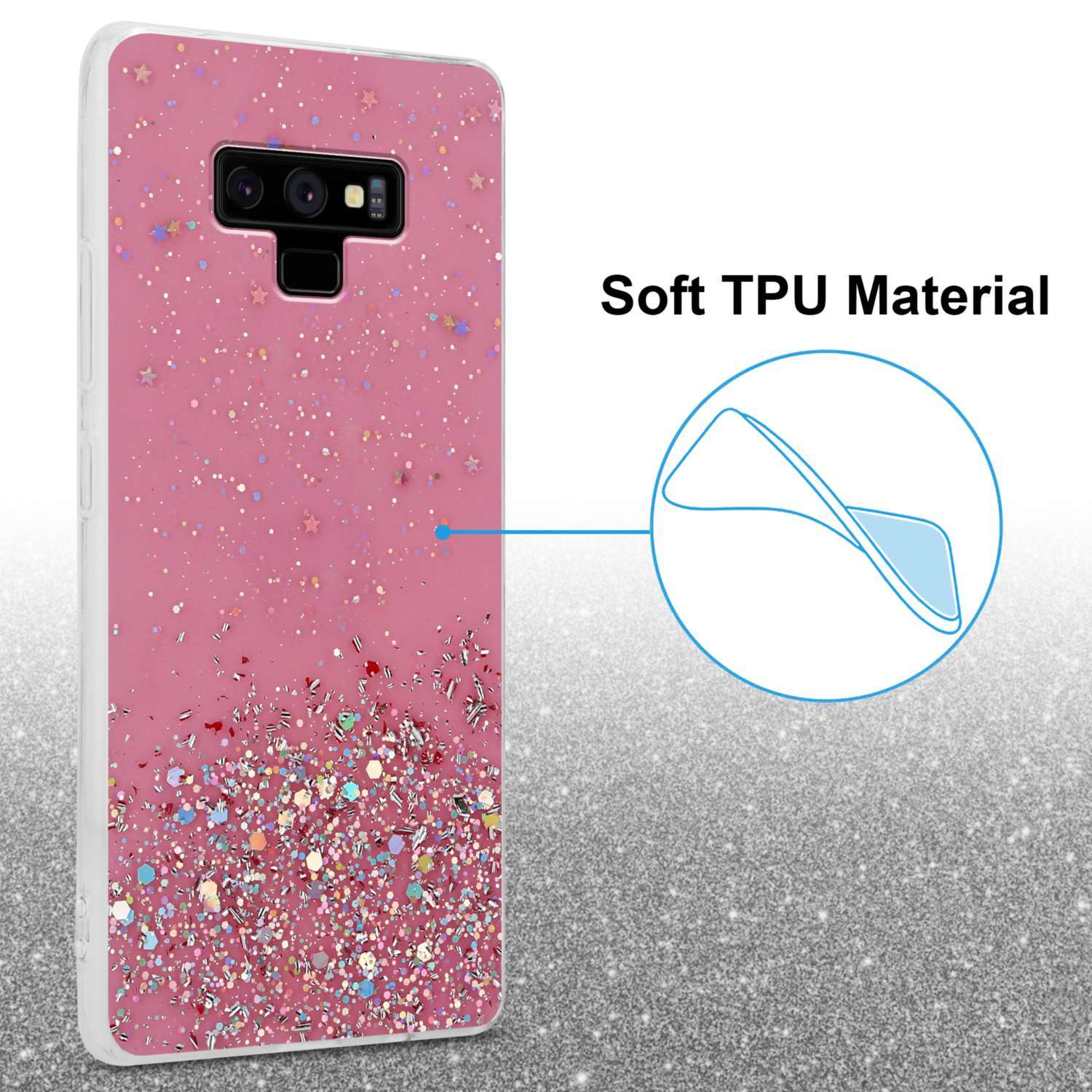 CADORABO Schutzhülle mit funkelnden Glitter, NOTE 9, Rosa Backcover, Glitter Galaxy mit Samsung