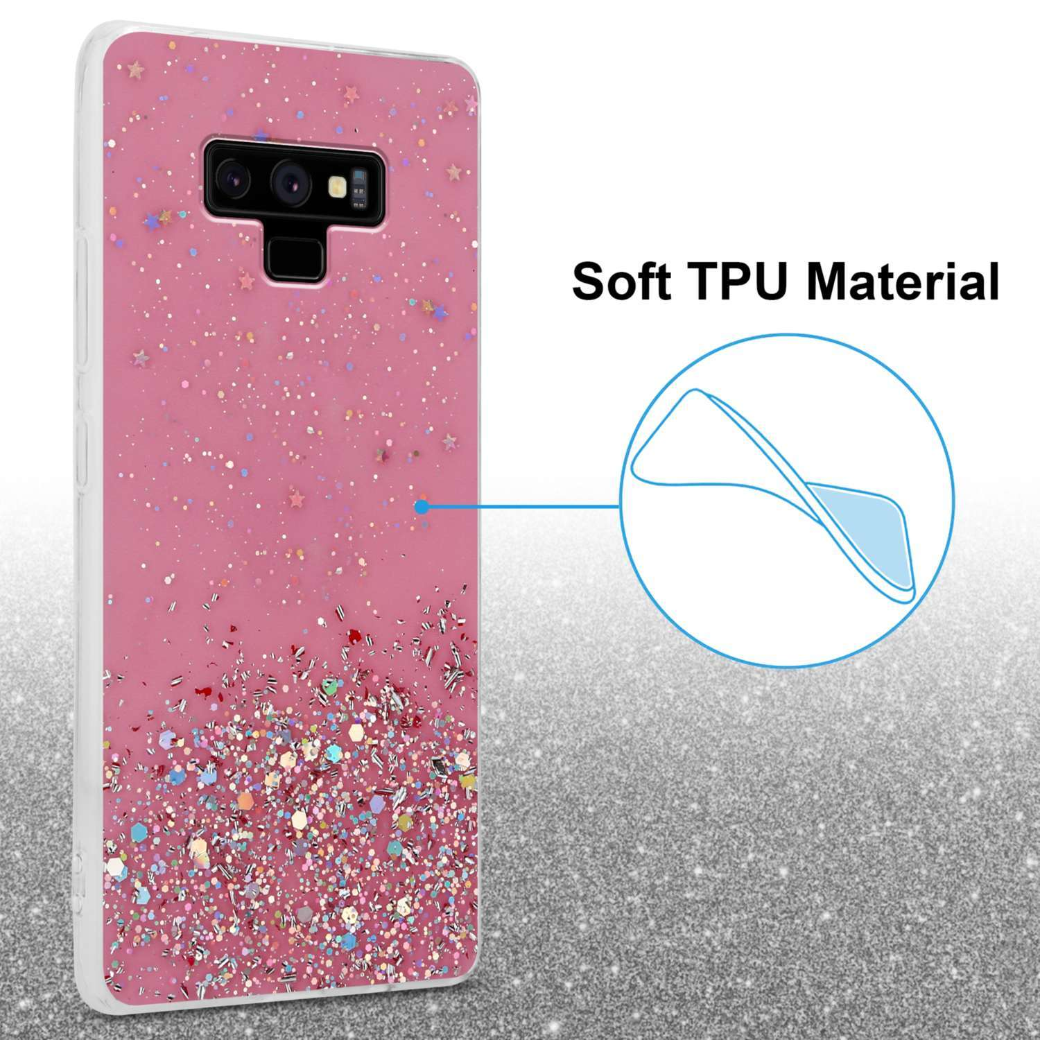 Eine rosa Handyhülle mit Glitzer und einem Ausschnitt für die Kamera. Text: 'Soft TPU Material'.
