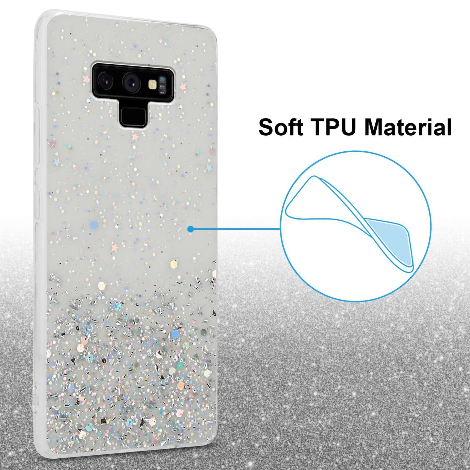 Handyhülle mit Glitzer und Text, Soft TPU Material.