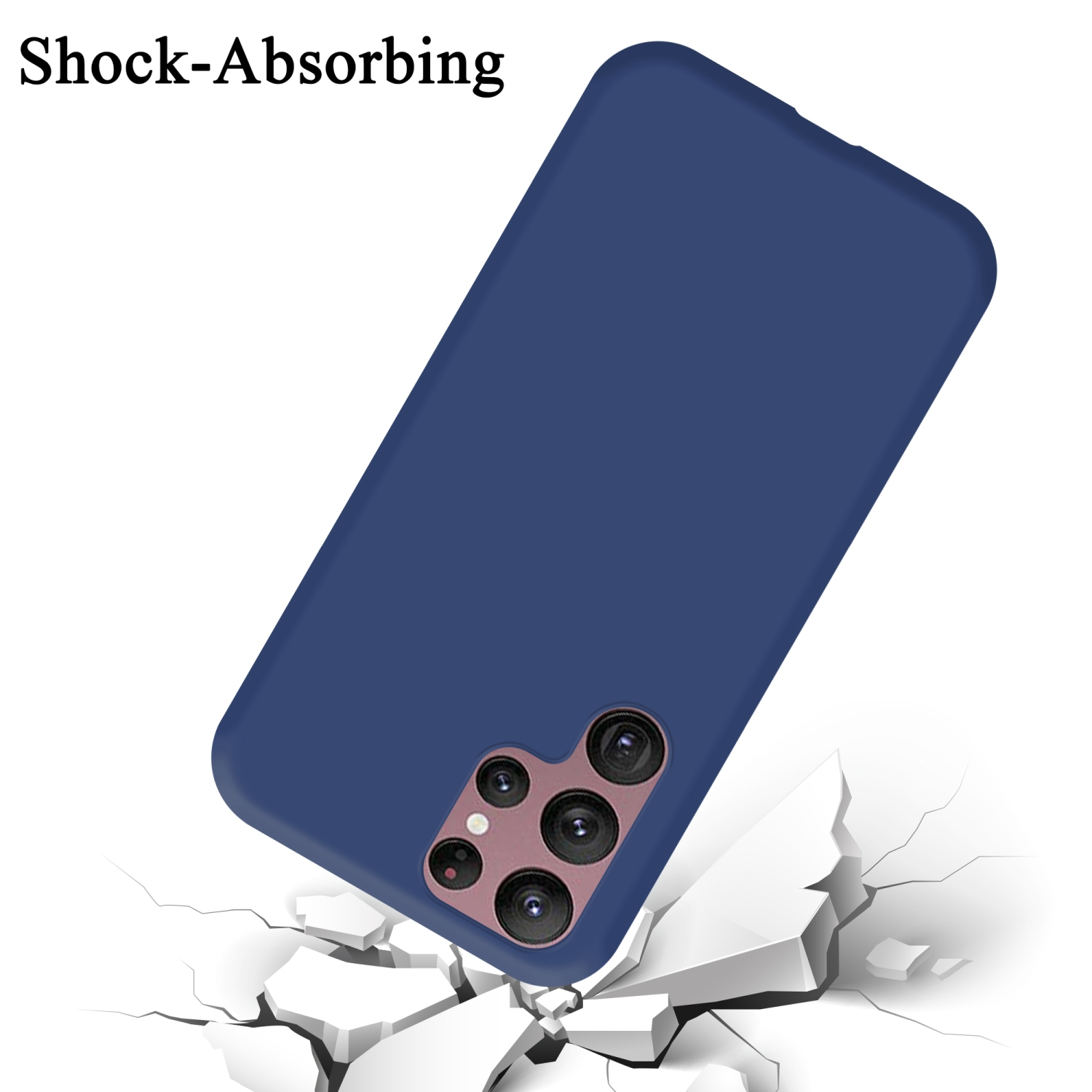 Funda azul con teléfono, sobre una superficie blanca, con grietas, simulando impacto.