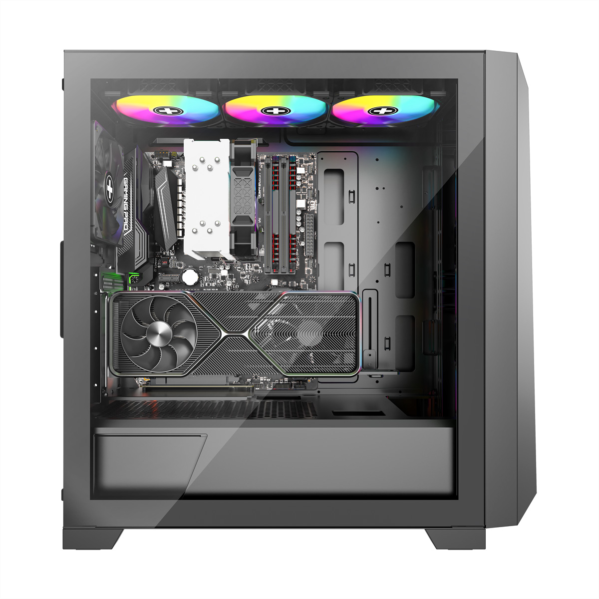 Computergehäuse mit sichtbaren Komponenten: Motherboard, GPU, Kühler, Lüfter.