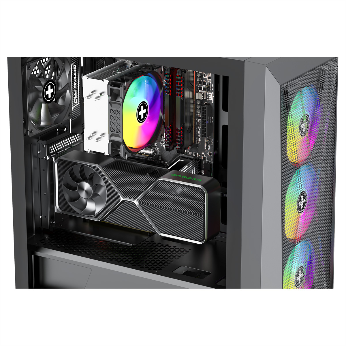 Computerkomponenten in einem Gehäuse: GPU, CPU-Kühler und Lüfter.