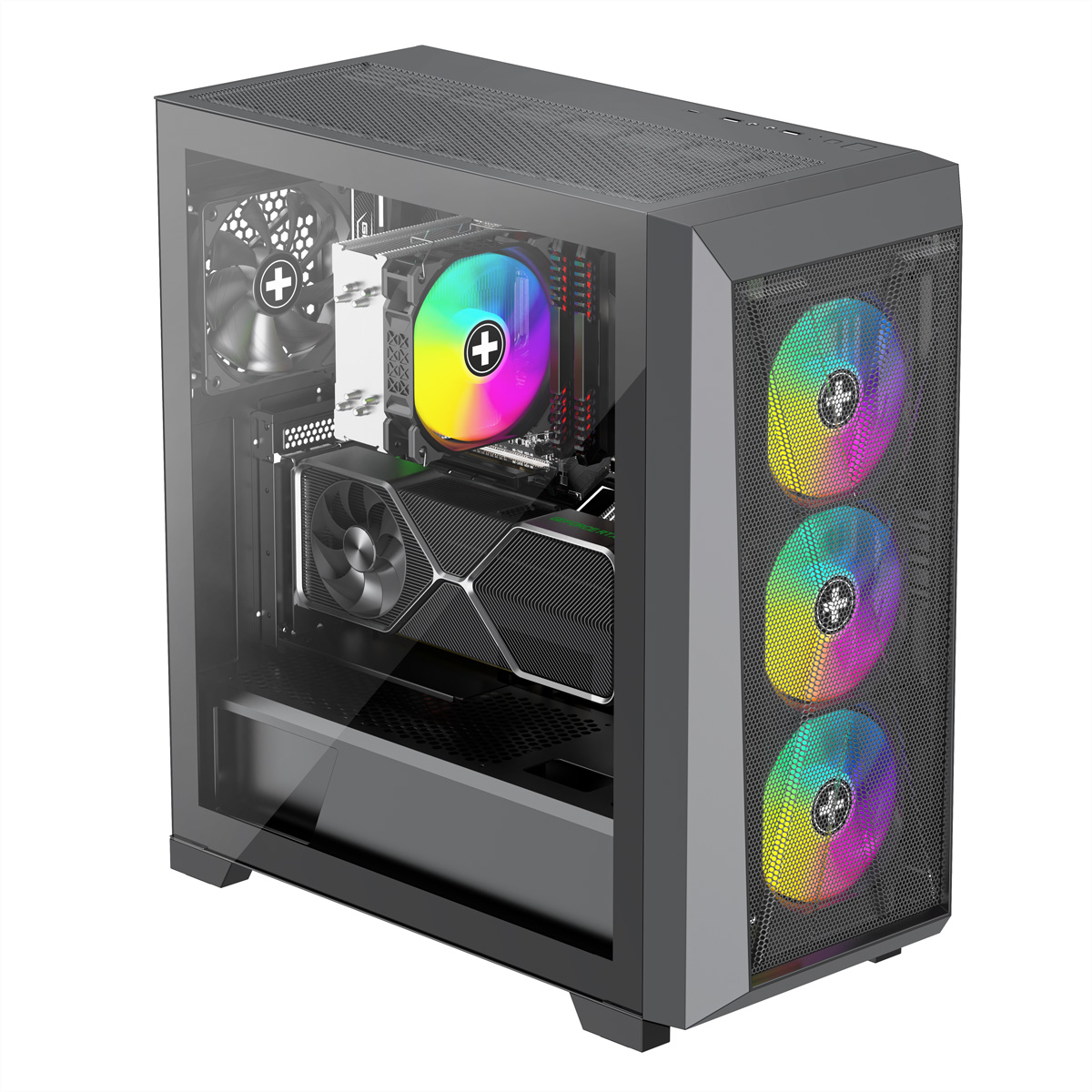 Computergehäuse mit bunten Lüftern. Das Innere des Gehäuses ist sichtbar, mit einer Grafikkarte.