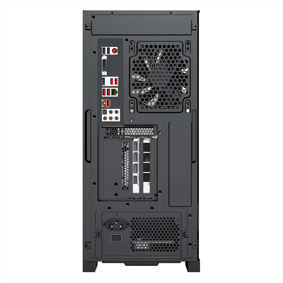 Die Rückseite eines schwarzen Computerturms mit verschiedenen Anschlüssen, Lüfter und Gittermustern.