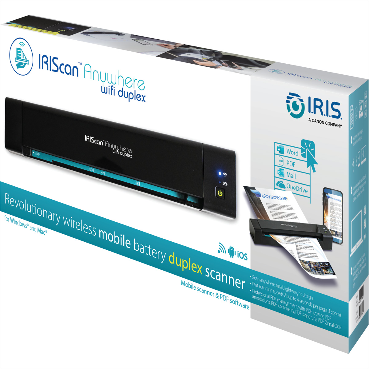 Eine schwarz-weiße Box für einen drahtlosen Duplex-Scanner mit Produktdetails.