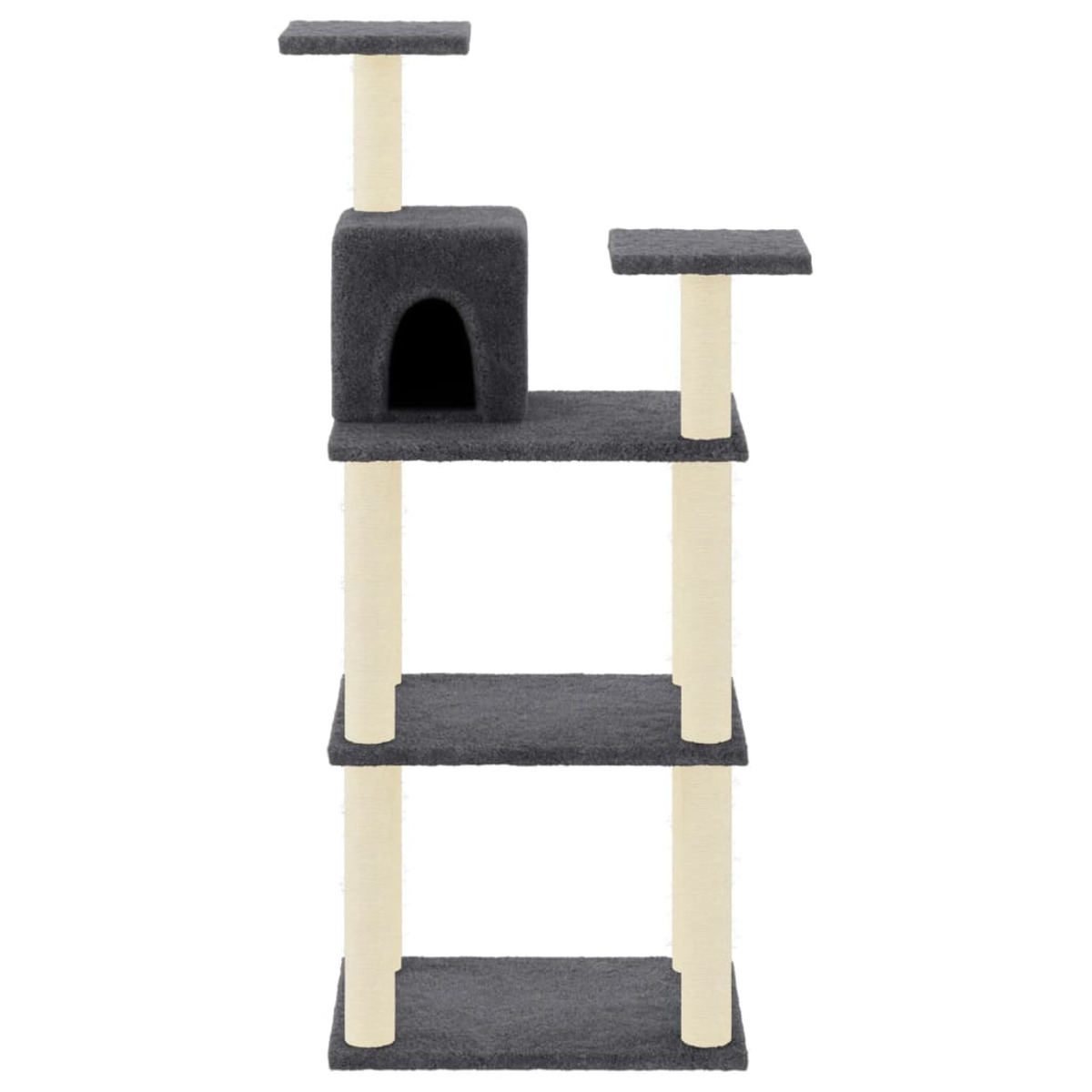 Katzenbaum mit mehreren Plattformen, einem Katzenhaus und Kratzbäumen. Beige und graue Farben.