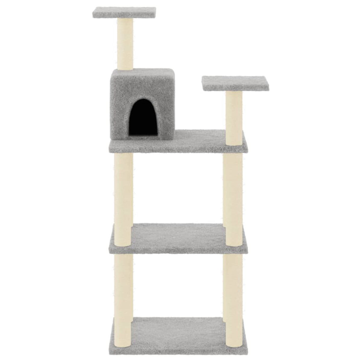 Ein mehrstöckiger Katzenbaum in Grau und Beige mit mehreren Plattformen und einer Höhle.