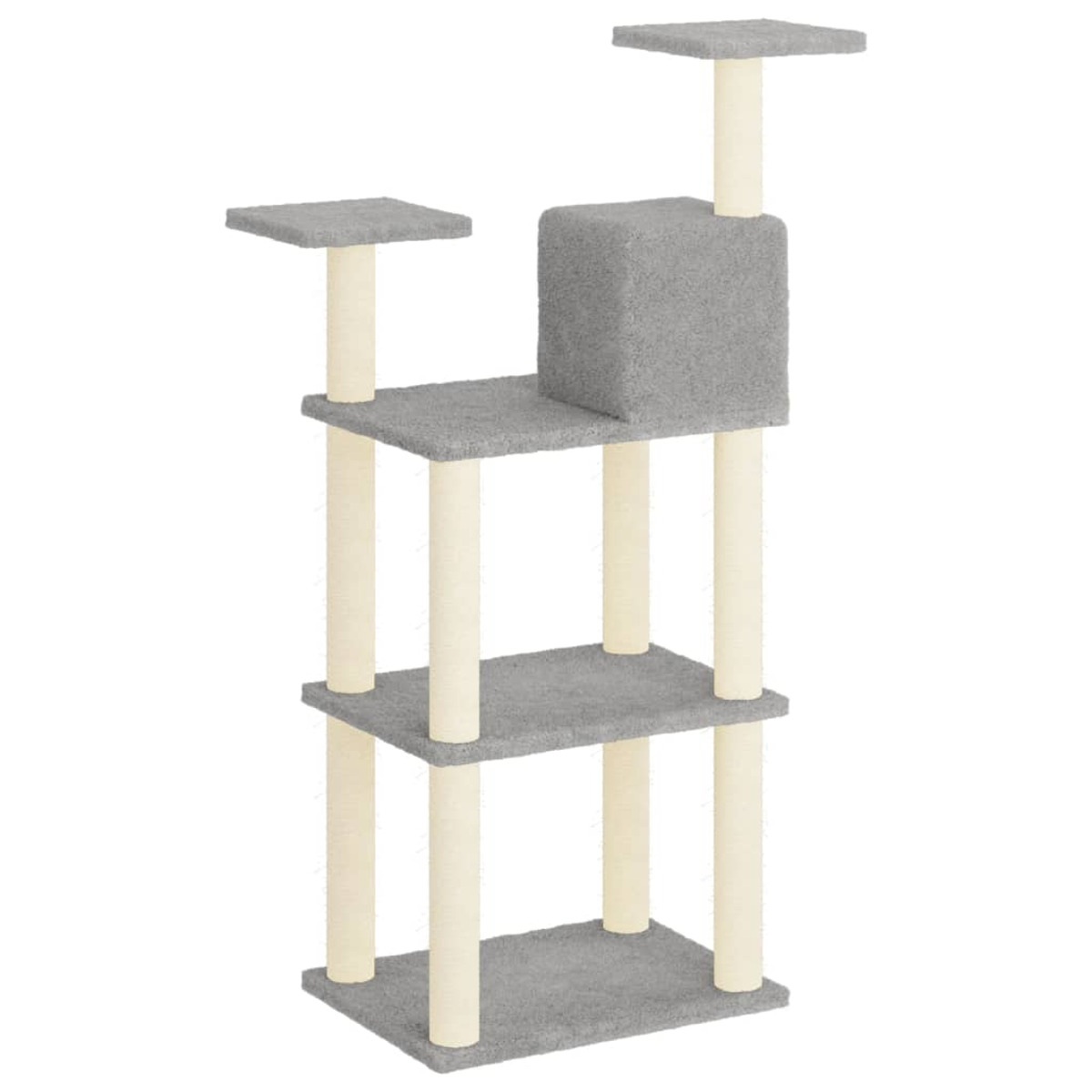 Katzenbaum mit mehreren Plattformen und einem Würfel. Er ist grau und beige, mit vertikalem Design.