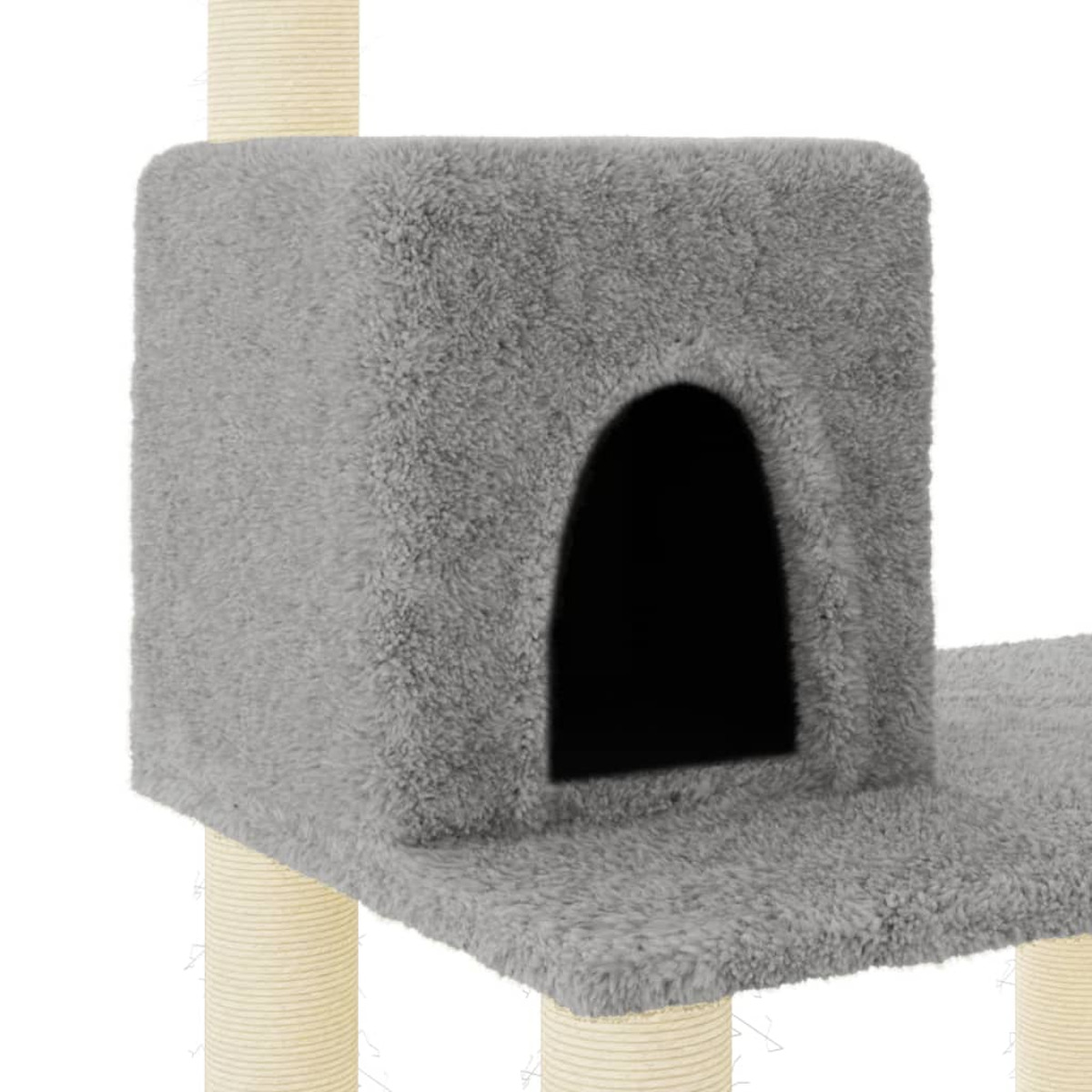 Nahaufnahme eines grauen Katzenhaus mit schwarzem Eingang.