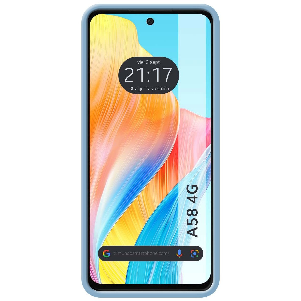 Un telefono blu con uno schermo che mostra l'ora e l'indirizzo del sito web.