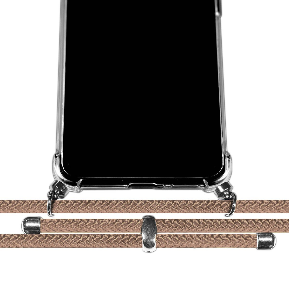 Funda de teléfono con un diseño de cuerda marrón. Una hebilla de metal está en el medio.