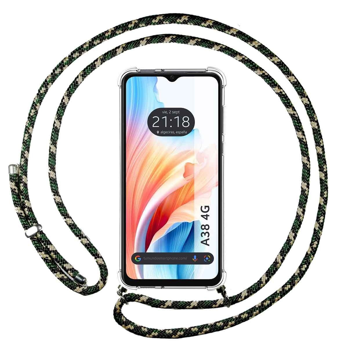 Smartphone con cinturino, che mostra un design astratto colorato e display dell'ora.