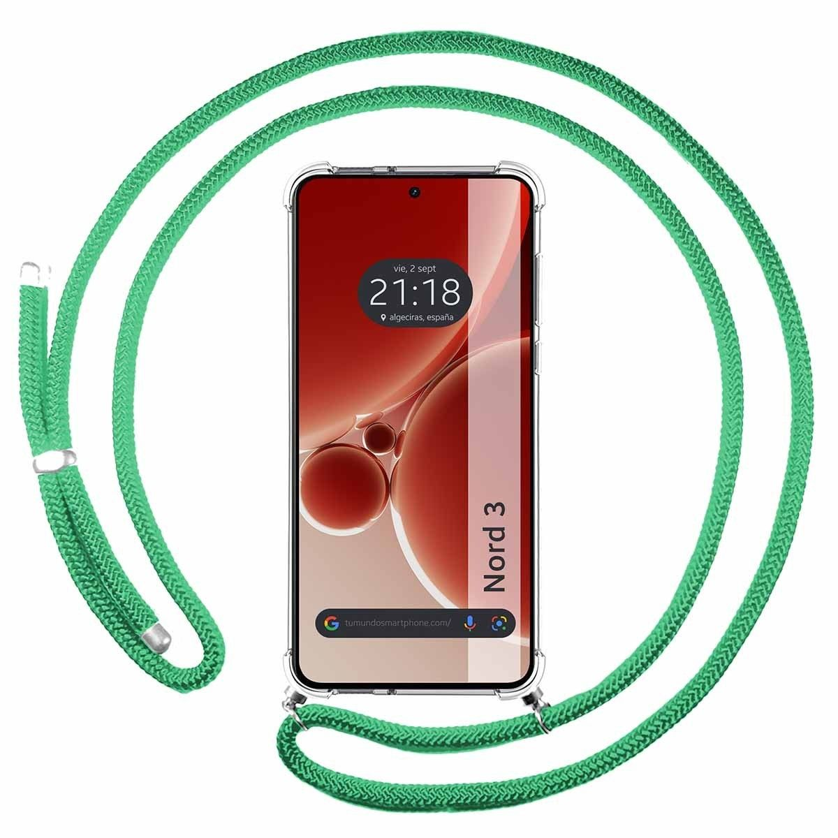 Un smartphone en una funda transparente, colgado de un cordón verde.